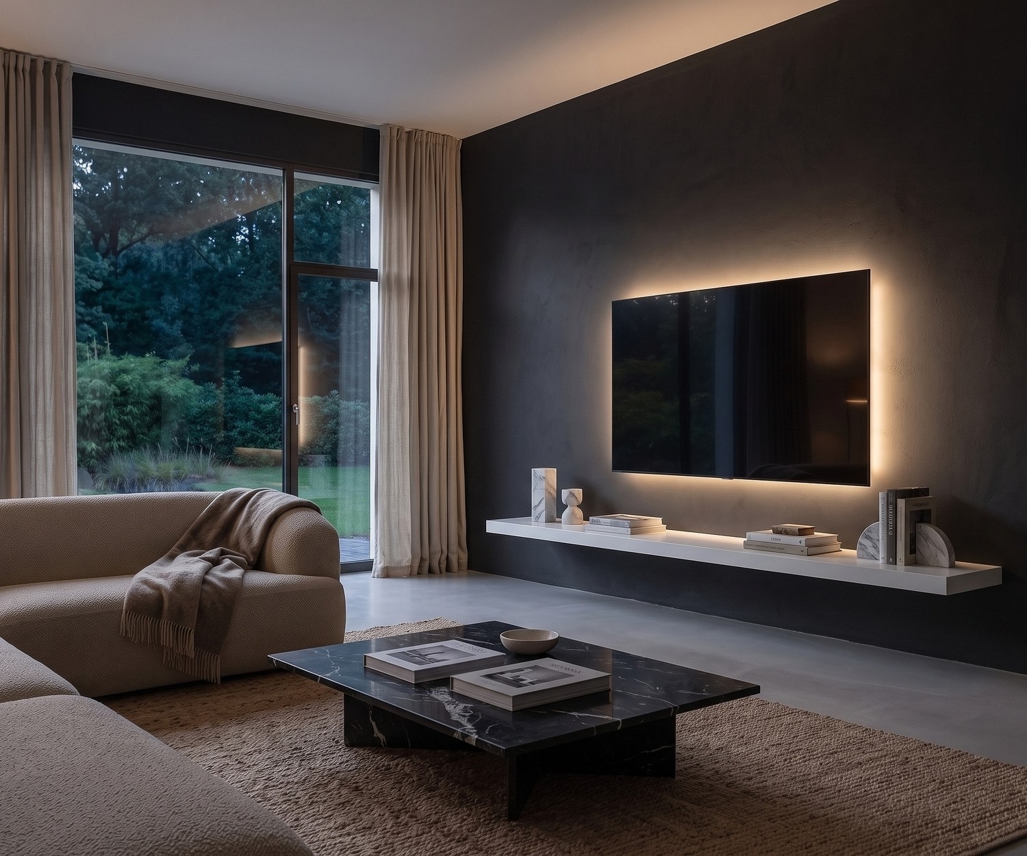 Livitalia TV Wandboard in Weiß als schwebendes Regal unter dem Fernseher in einem modern gestalteten, dunklen Wohnzimmer.