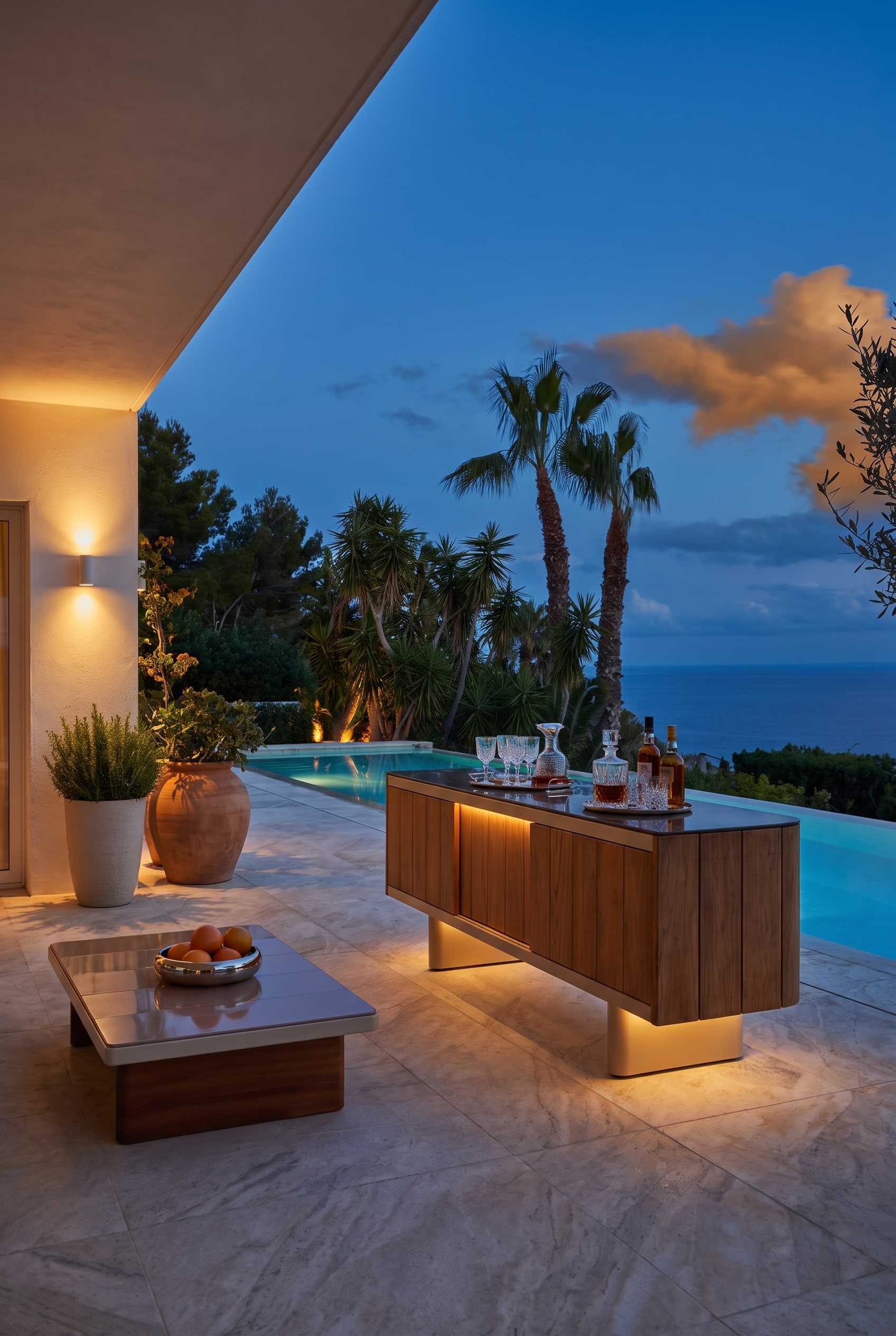 Terrazza in pietra naturale al crepuscolo con un'elegante credenza da esterno in teak, allestita come un raffinato bar domestico con bicchieri