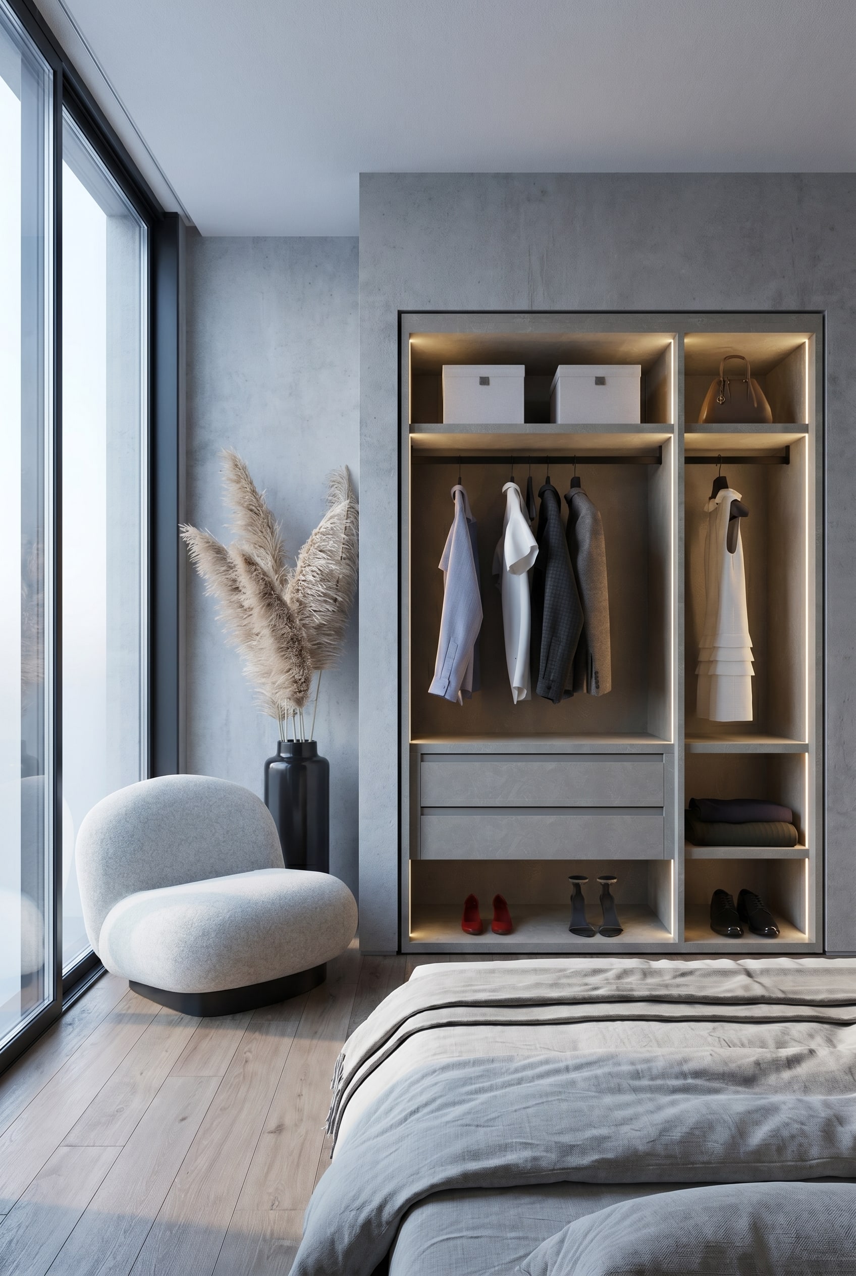 Modern bedroom with floor-to-ceiling windows and an open wardrobe without doors in a warm grey tone, enlivened by a designer ceramic vase