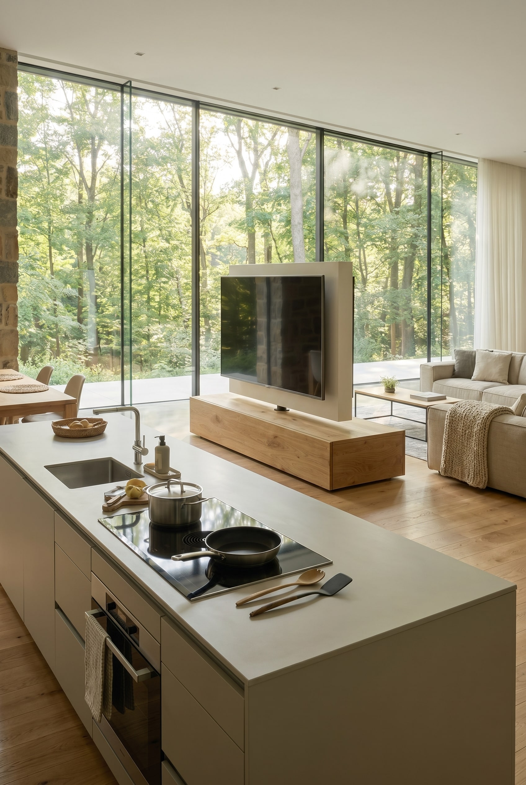 Floating-effect furniture piece on delicate legs on continuous wooden parquet Floating-effect furniture piece on delicate legs on continuous wooden parquet