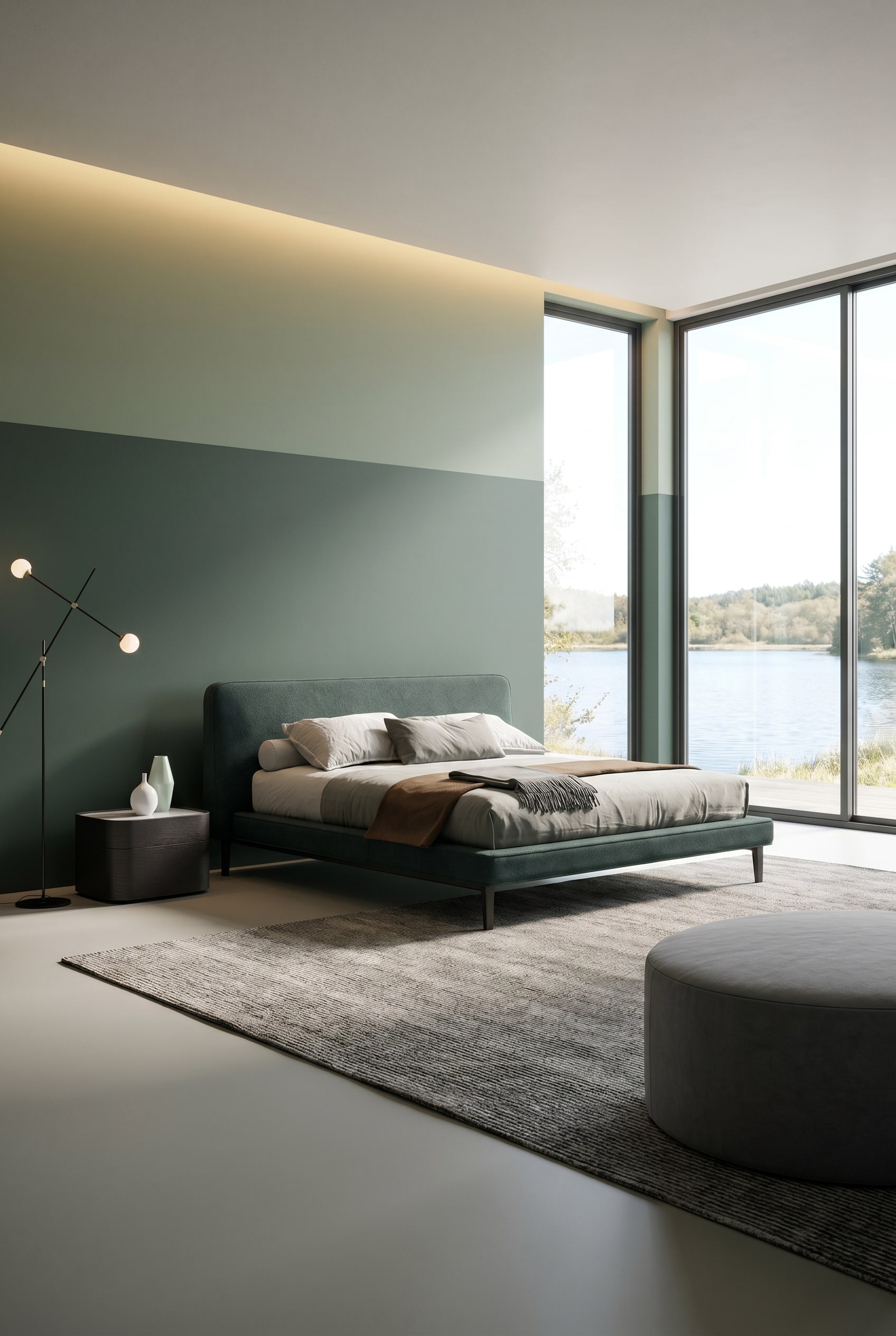 Letto di design verde scuro davanti a una parete verde salvia tono su tono con comodini minimalisti