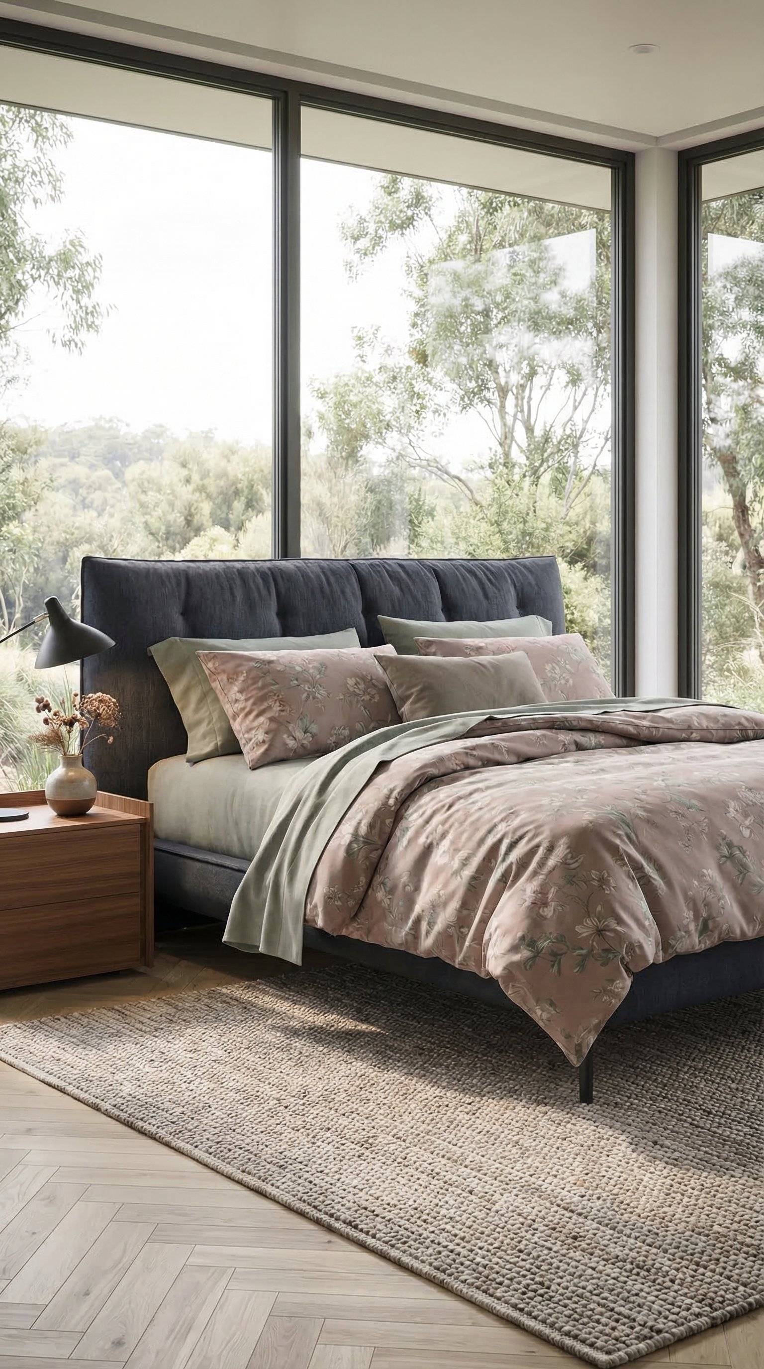 Romantisches modernes Schlafzimmer mit dezent floral gemusterter Bettw&auml;sche