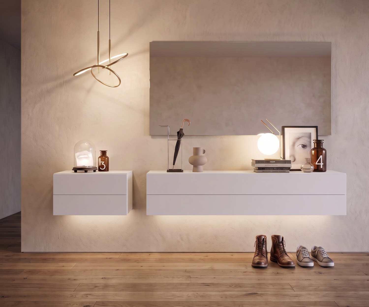 Novamobili Easy Floating White Sideboard with Lighting Novamobili Easy floating chest of drawers for the hallway, white wall-mounted sideboard with LED lighting in modern entry.