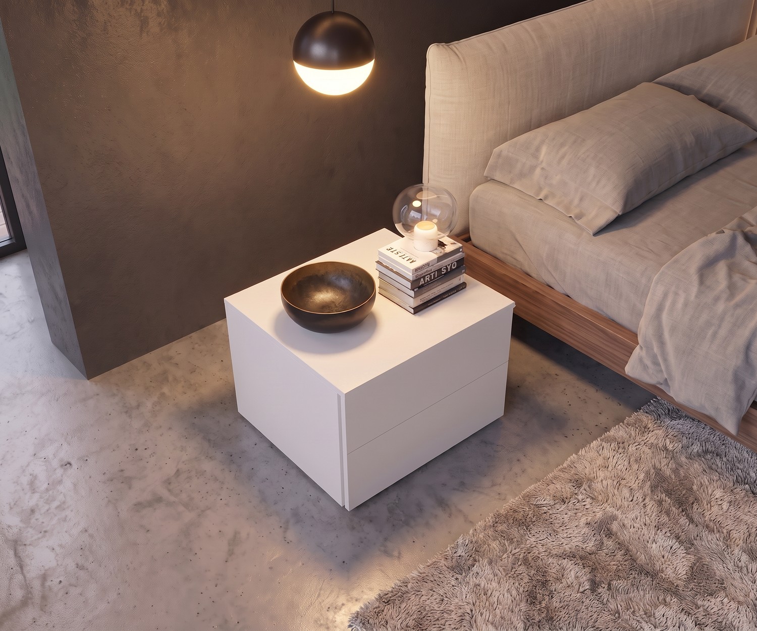 Minimalistischer Livitalia Atena Nachttisch in Weiß Livitalia Atena Nachttisch mit Schubladen im Schlafzimmer, weiße moderne Nachtkommode neben beigem Polsterbett
