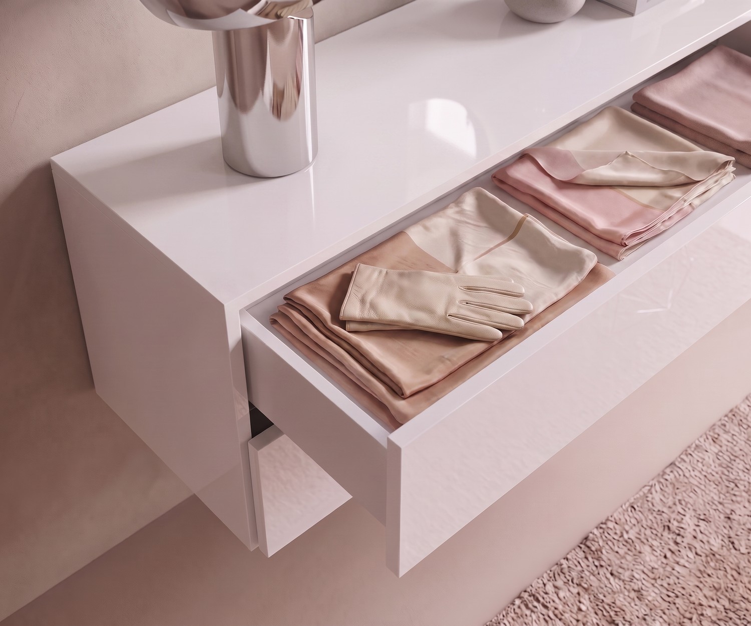 Novamobili Hängekommode Easy in Weiß Hängekommode Novamobili Easy für das Schlafzimmer in Hochglanz Weiß im modernen Design mit geöffneter Schublade.