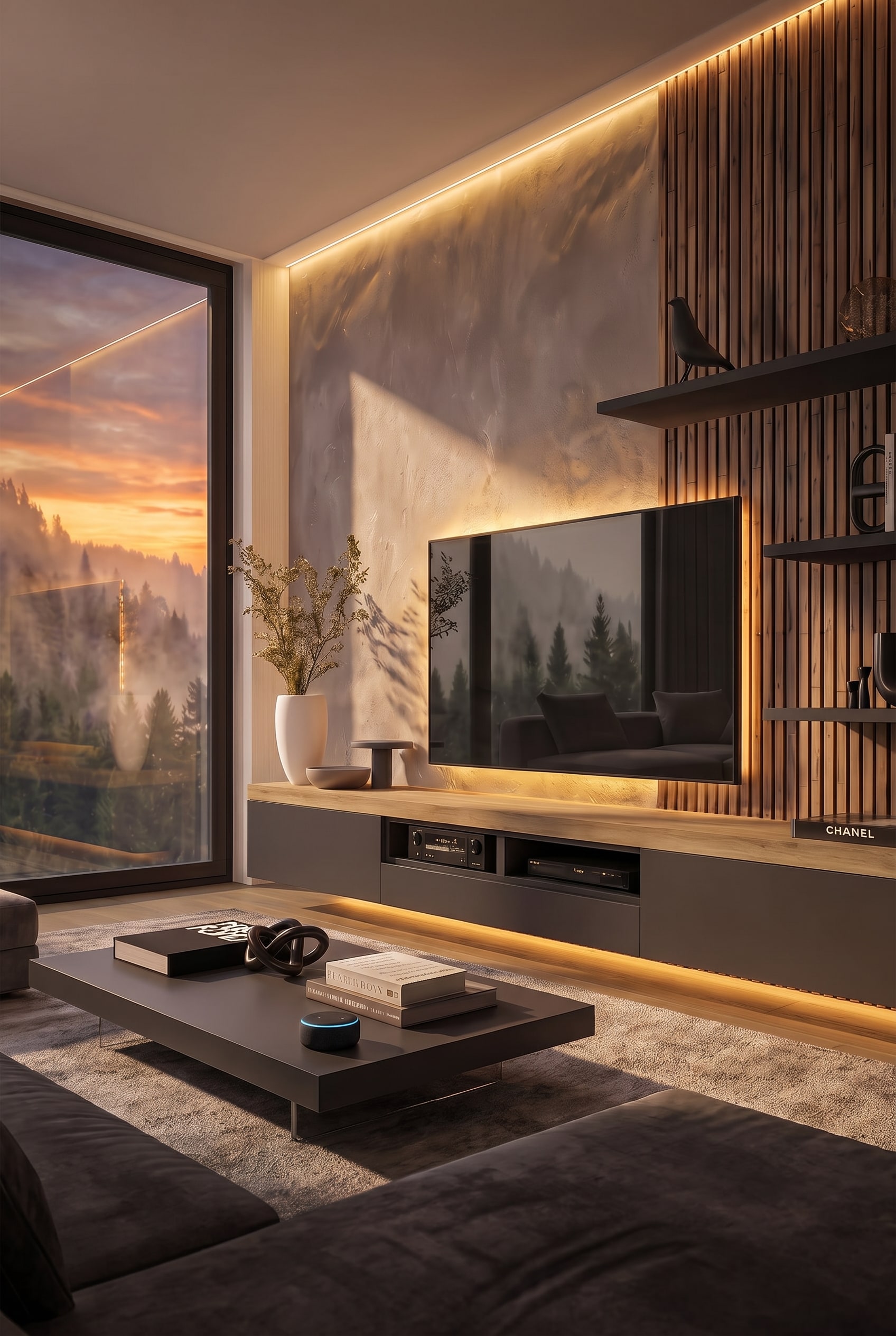 Modern living room with dark grey lowboard, oak wood elements, and warmly lit wall panels