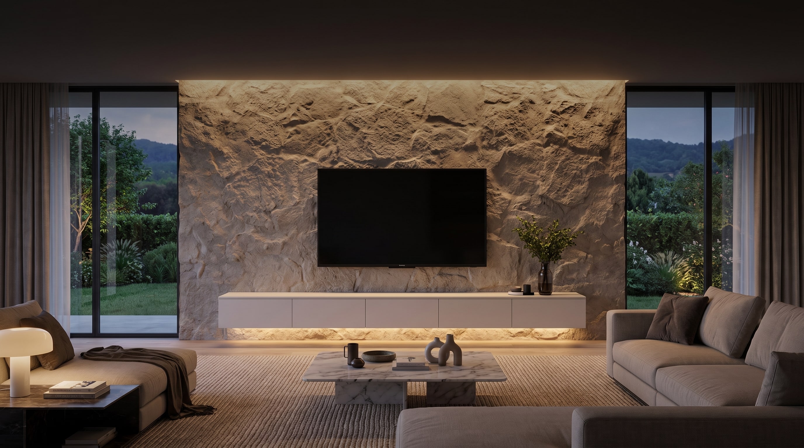 8 Ideen für eine Steinwand hinter dem Fernseher mit LED-Hinterleuchtung