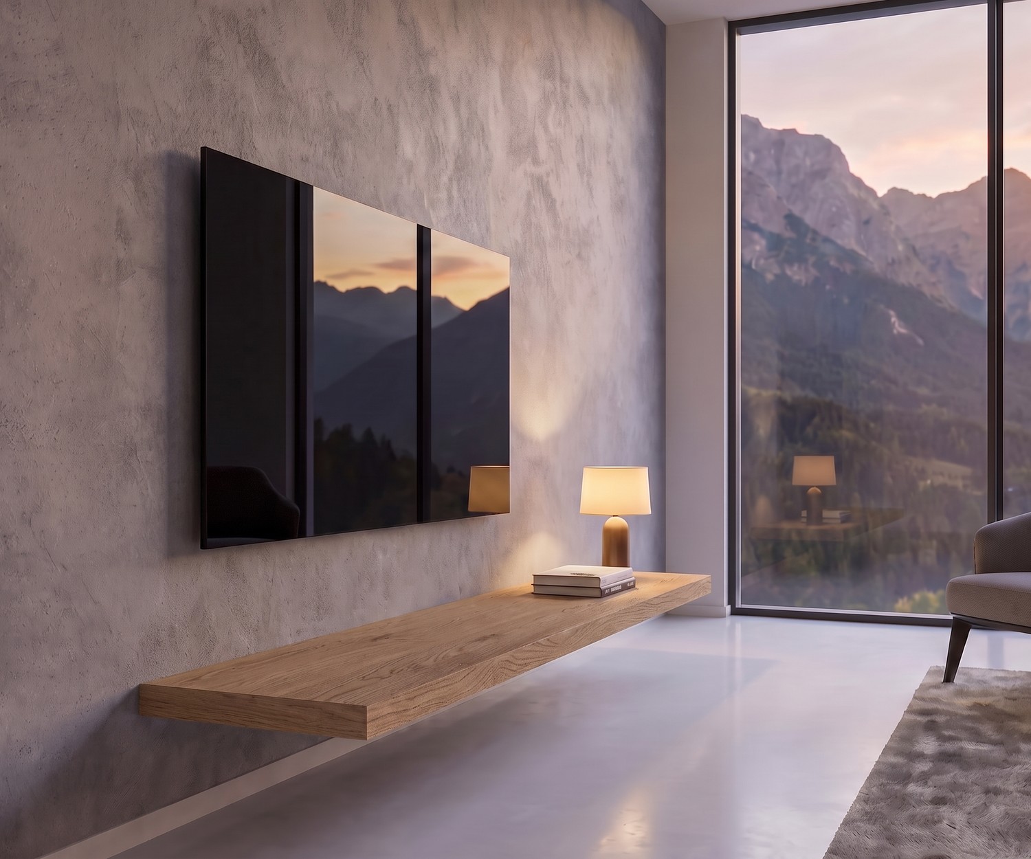 Livitalia TV Wandboard aus Eiche als schwebendes Lowboard im Wohnzimmer im minimalistischen Design vor Betonoptik-Wand.