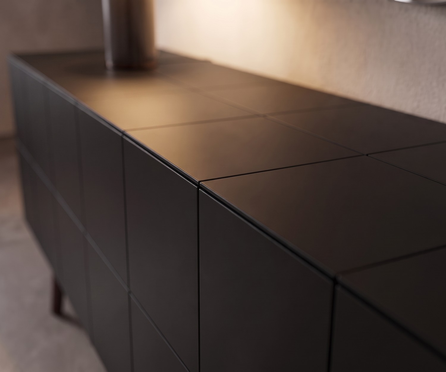 al2 MOS-I-KO 003 B living room sideboard with a matte black tile-effect surface and minimalist modern design.