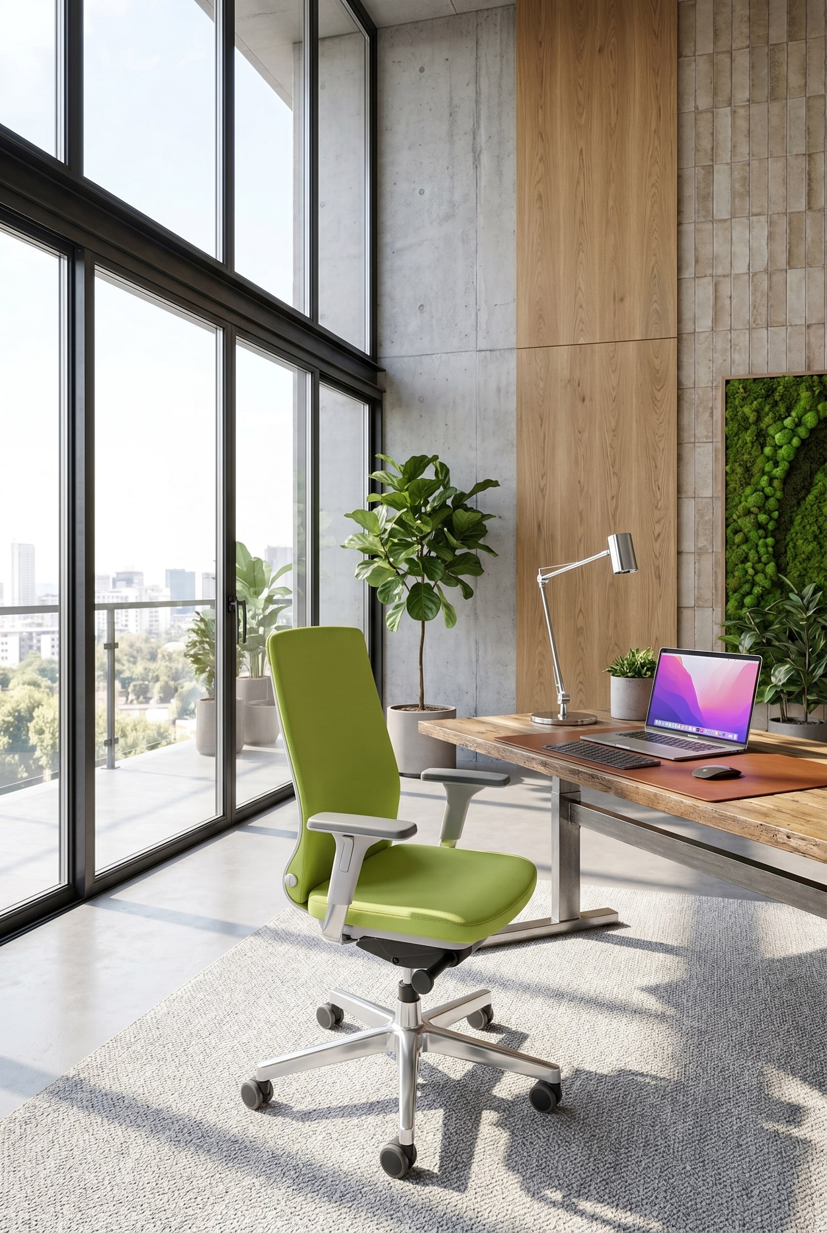 Sedia da ufficio ergonomica minimalista con schienale in rete davanti a finestre a tutta altezza in un luminoso ufficio direzionale