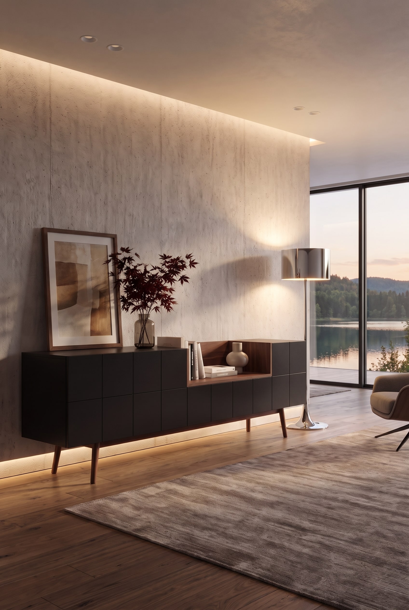 Donker modern dressoir voor een zichtbetonnen muur in een woonkamer met groot raam en uitzicht op zee bij zonsondergang.