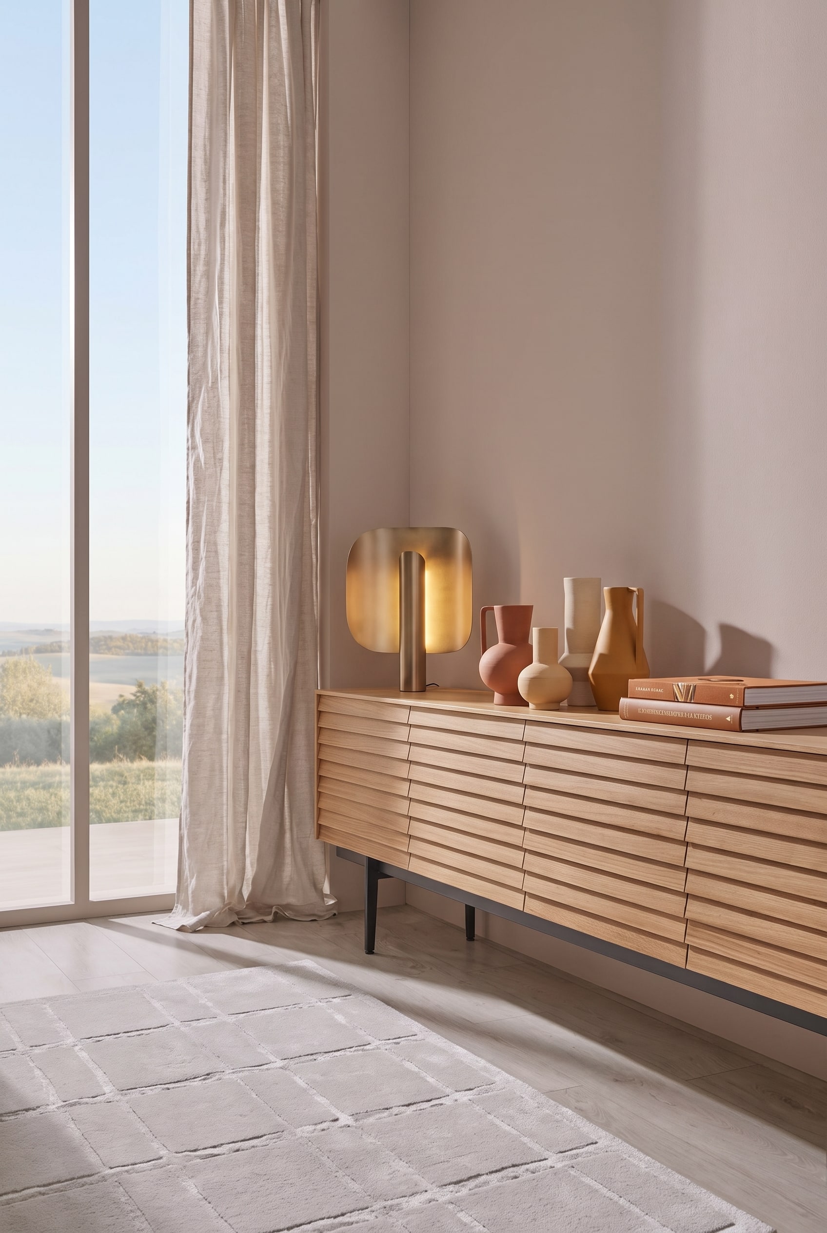 Minimalist living room with an oak wood sideboard with a slatted front and a table lamp with warm light
