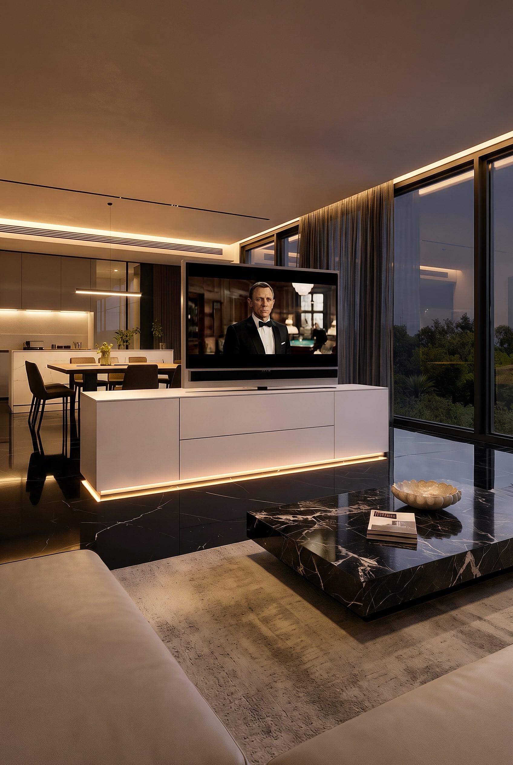 Open living area with white room divider sideboard, swiveling TV panel and dark marble table