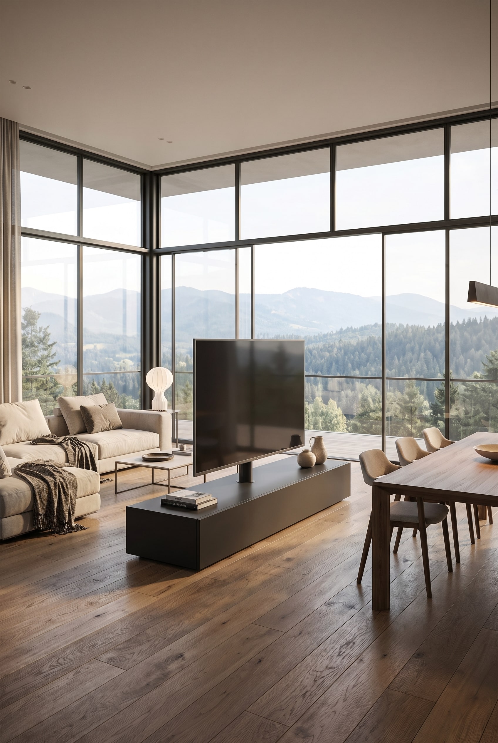 Ein eleganter, freistehender TV-Raumteiler mit geschlossener Rückwand, der mittig im hellen Wohnzimmer vor einer großen Fensterfront steht.