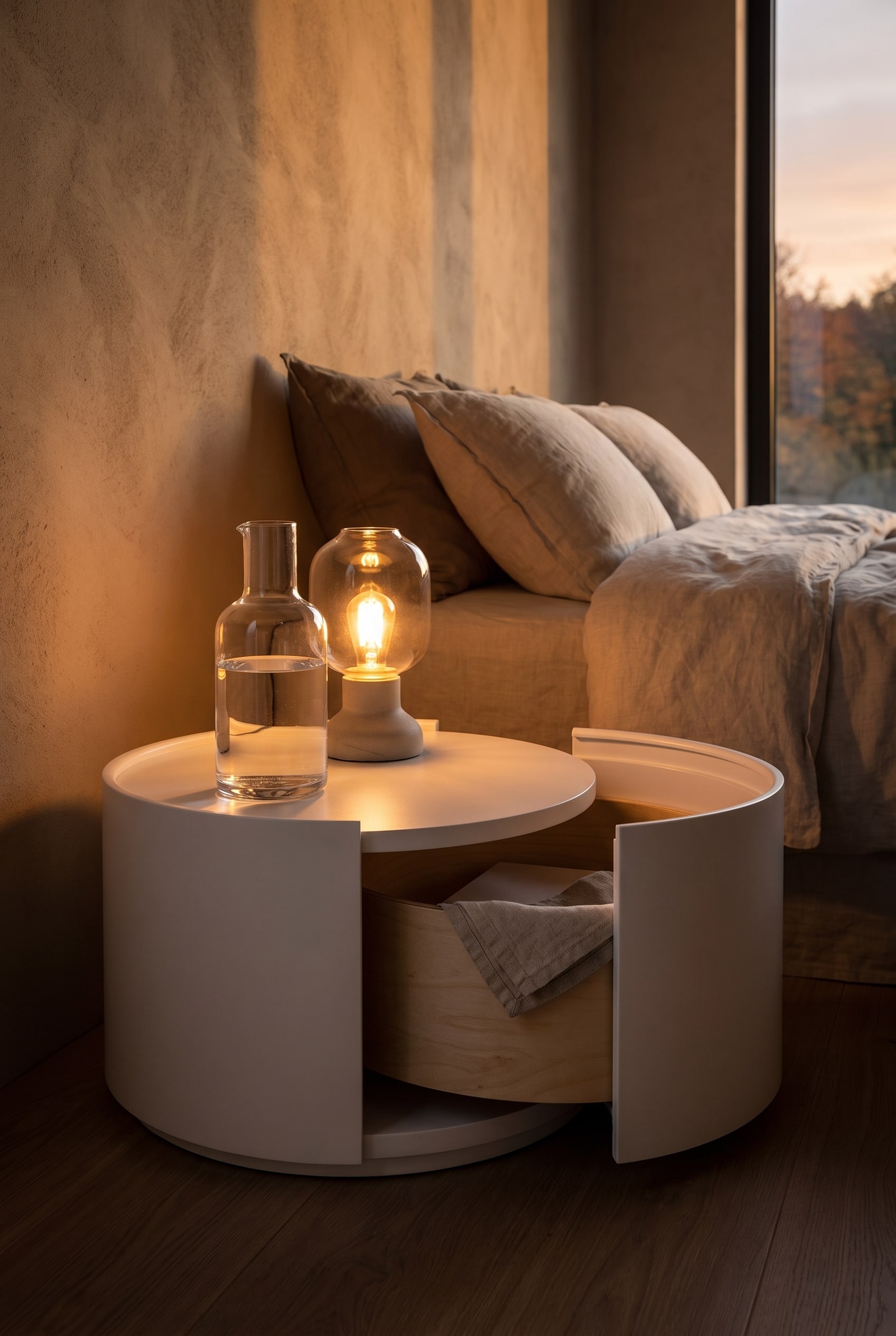 Modern rond nachtkastje in cilindrische vorm met geopende bovenste lade in een zacht verlichte slaapkamer