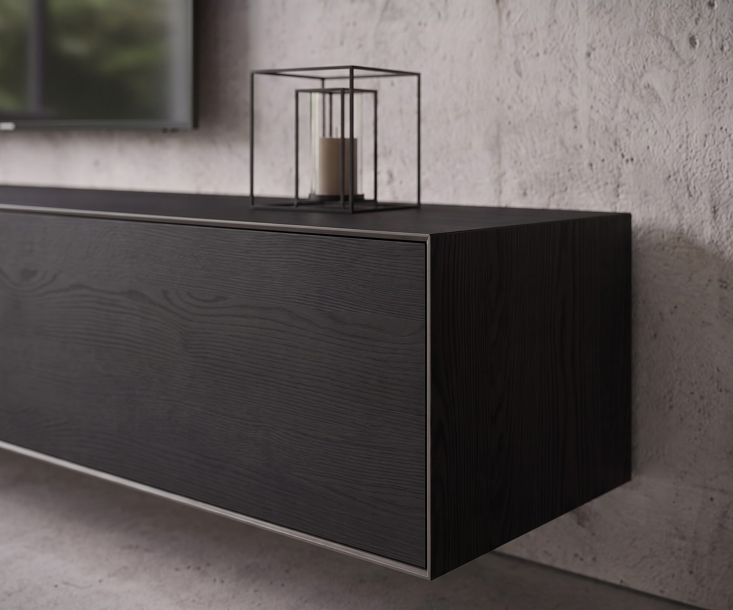 Hängendes Lowboard Livitalia Minimal aus dunkler Eiche vor Betonwand für modernes Wohnzimmer.