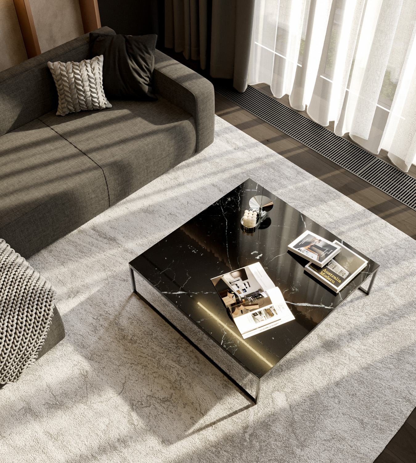 Moderner Couchtisch quadratisch Tischplatte Marmor dunkel Metall Kufensgestell lackiert Moderner Couchtisch quadratisch Tischplatte Marmor dunkel Metall Kufensgestell lackiert