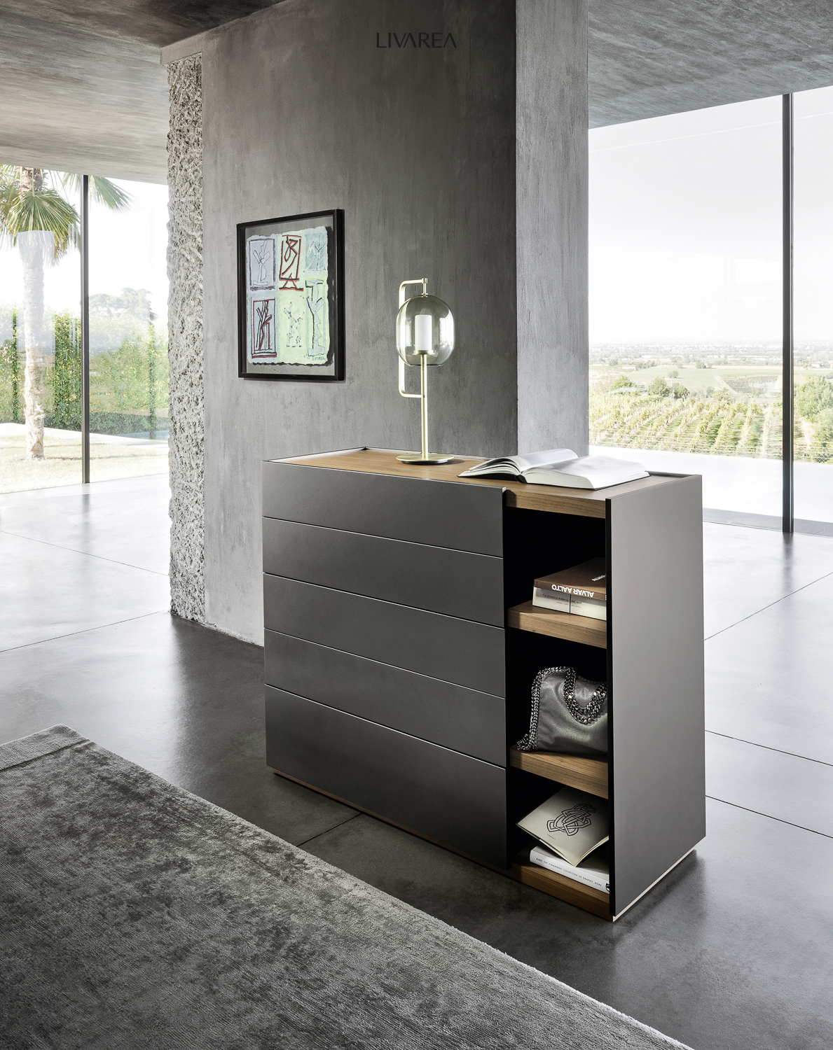 Eleganter Schubladenschrank mit Holz Abdeckplatte und 3 offenen Faechern Eleganter Schubladenschrank mit Holz Abdeckplatte und 3 offenen Faechern