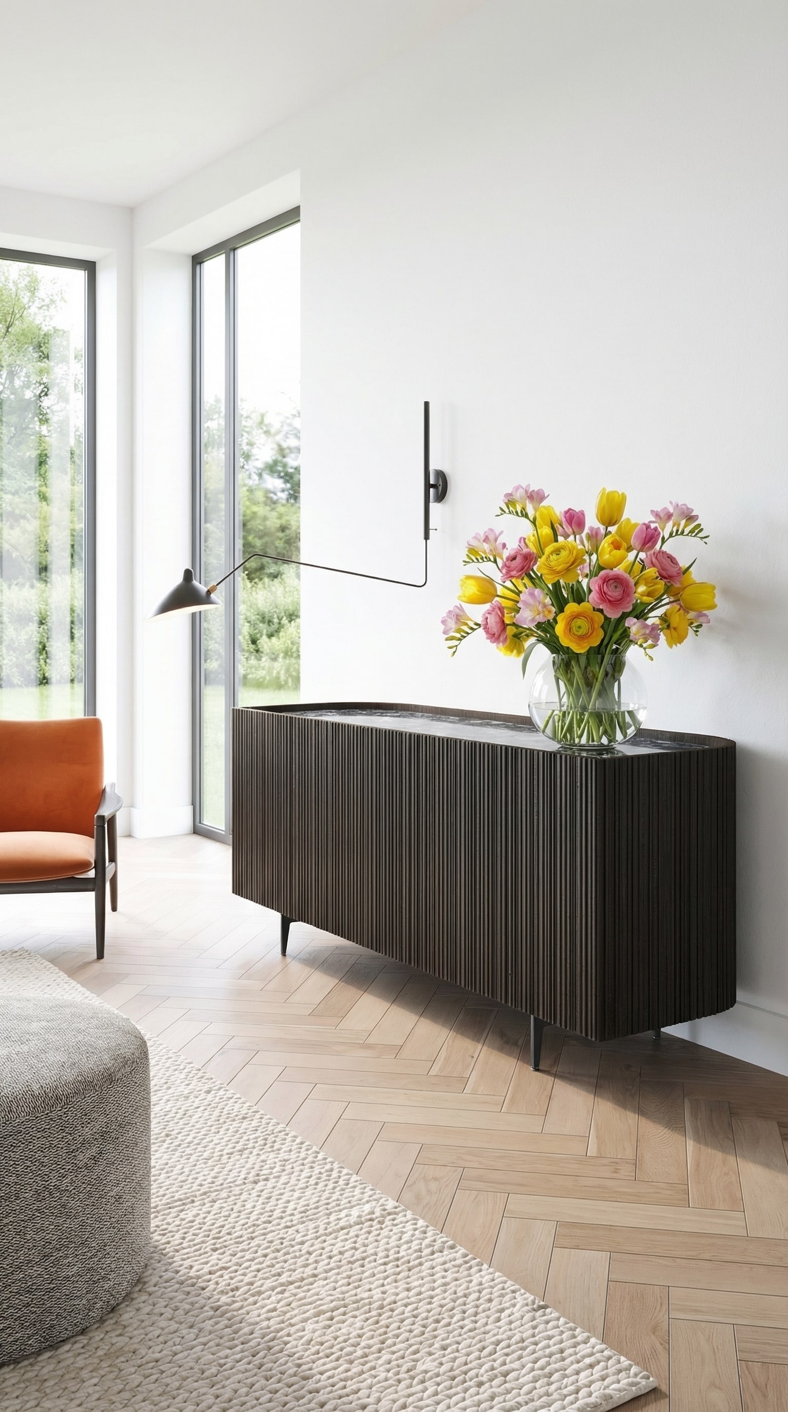 Dunkles, elegantes Sideboard mit abgerundeten Ecken, dekoriert mit einer bunten Fr&uuml;hlingsvase.