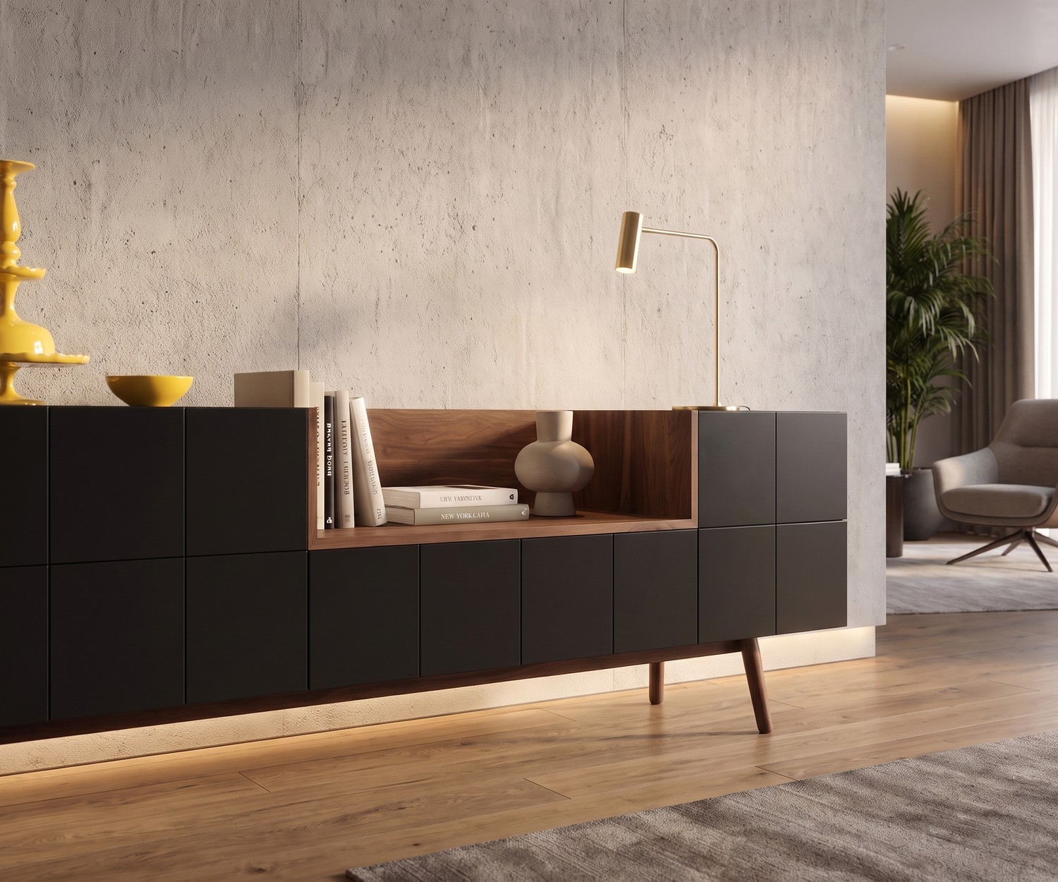 al2 Sideboard MOS-I-KO 003 A im Wohnzimmer aus mattschwarzem Lack und Holz im modernen Retro-Stil mit viel Stauraum.