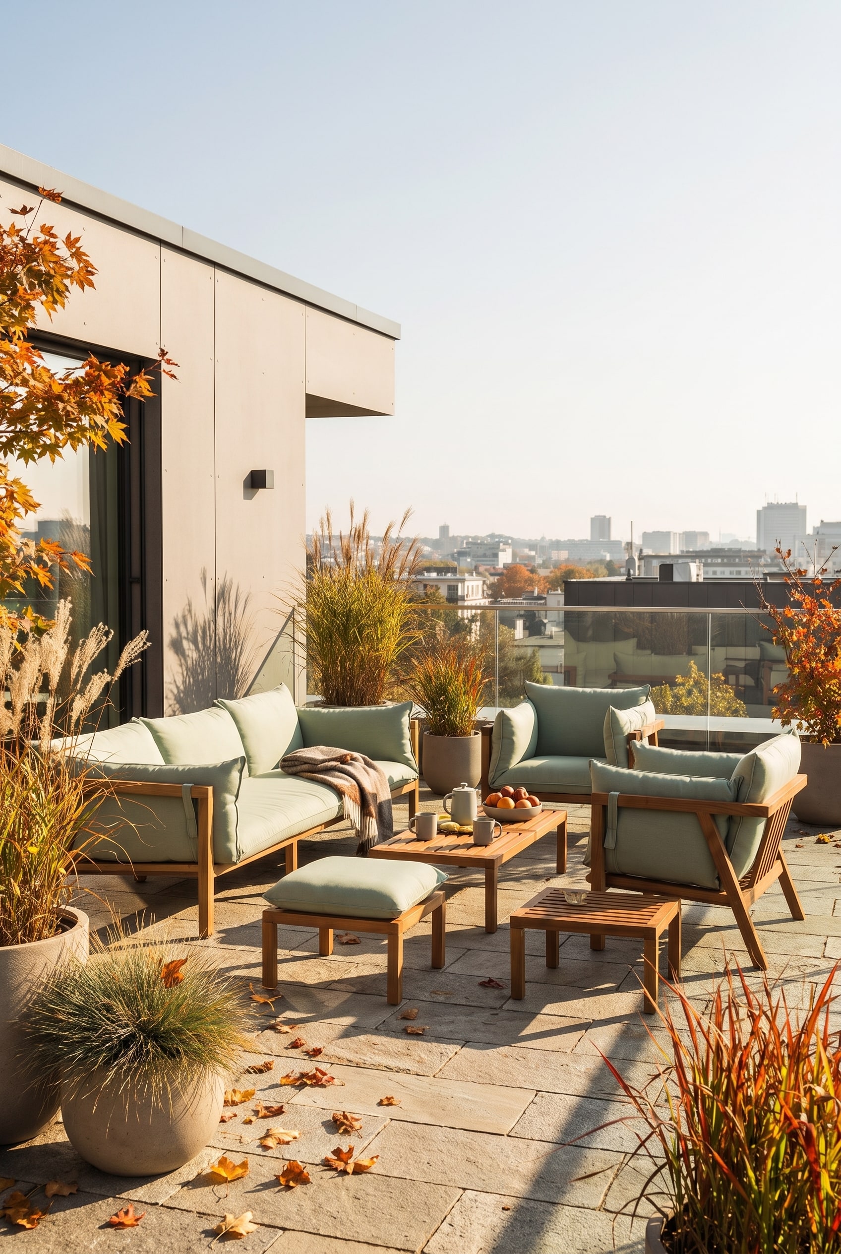 Zusammenpassende Outdoor-Loungegruppe aus Teakholz mit einheitlichen hellen Polstern auf Naturstein Zusammenpassende Outdoor-Loungegruppe aus Teakholz mit einheitlichen hellen Polstern auf Naturstein