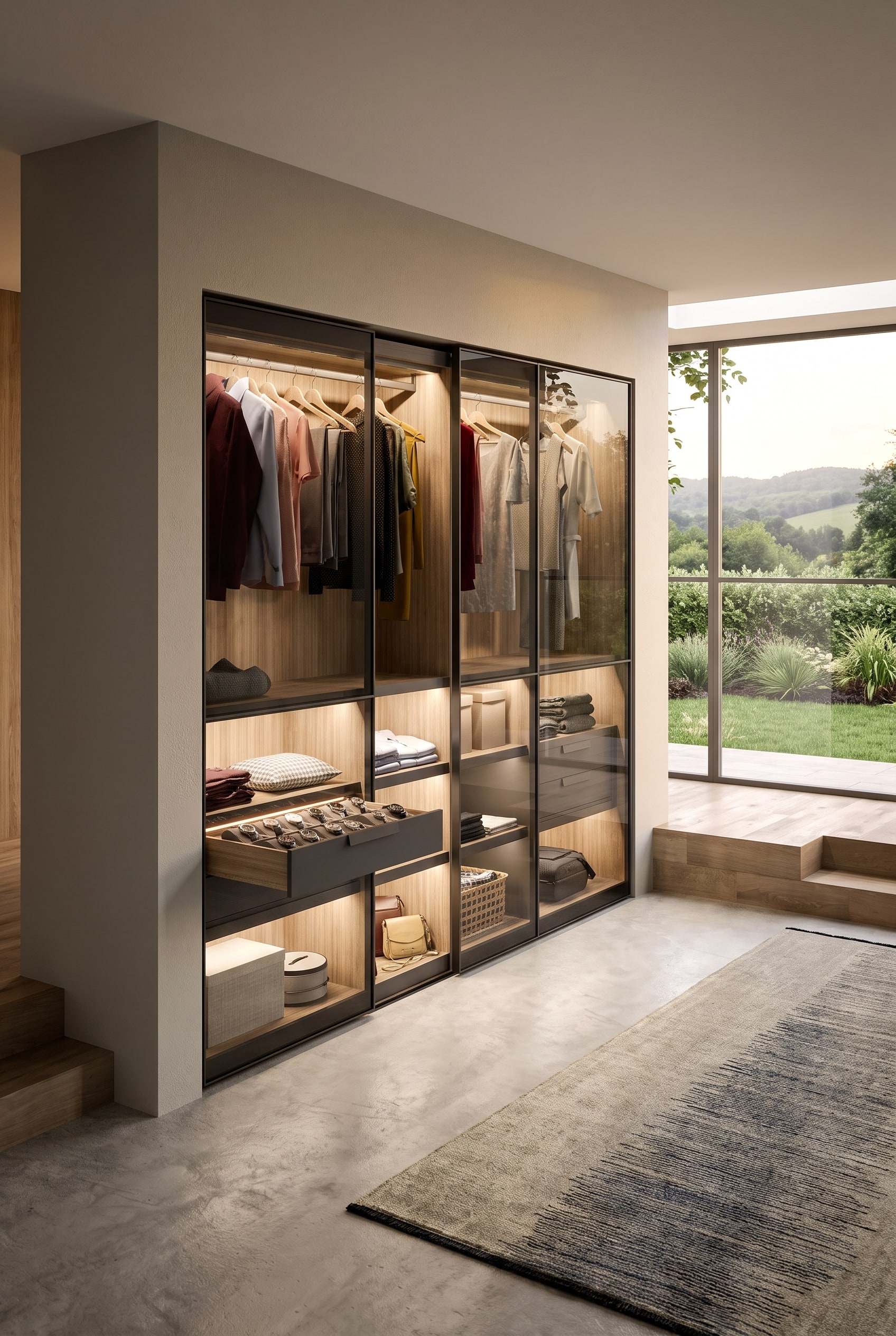 Een kamerhoge inbouwkast. Binnenin bevindt zich op middelbare hoogte een soepel glijdende binnenlade met rookglasfront, waarin een horlogecollectie stofvrij wordt bewaard.