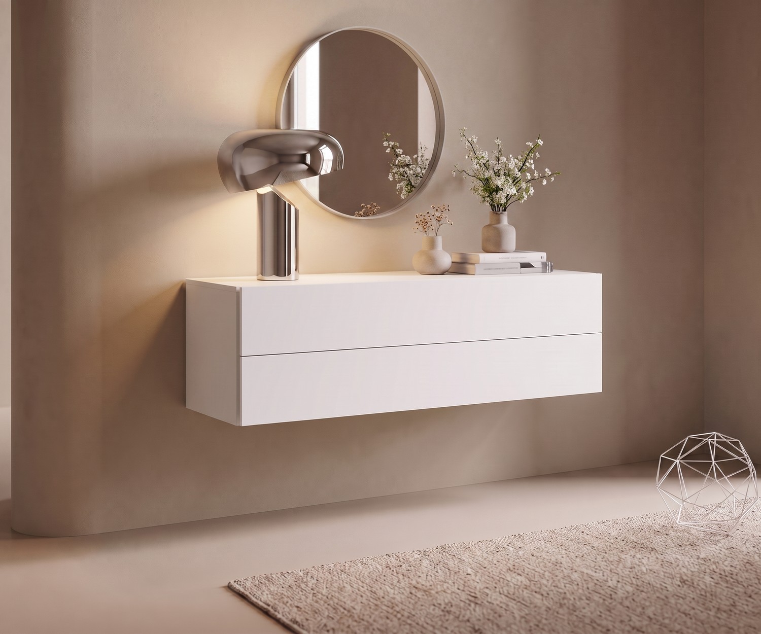 Novamobili Easy floating chest of drawers with 2 drawers in a hallway under a round mirror and modern lamp.