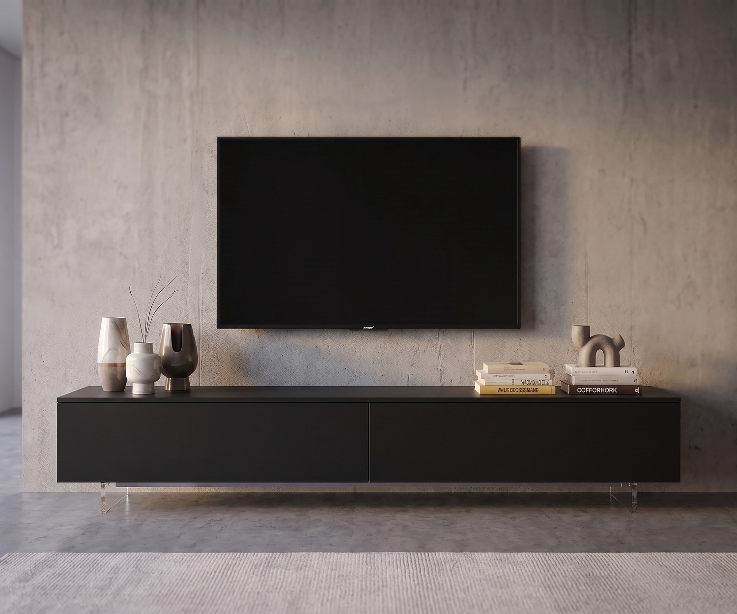 Livitalia transparent TV plinth for lowboards Livitalia transparent TV plinth under a grey lowboard for a floating effect in a modern living room with concrete wall.