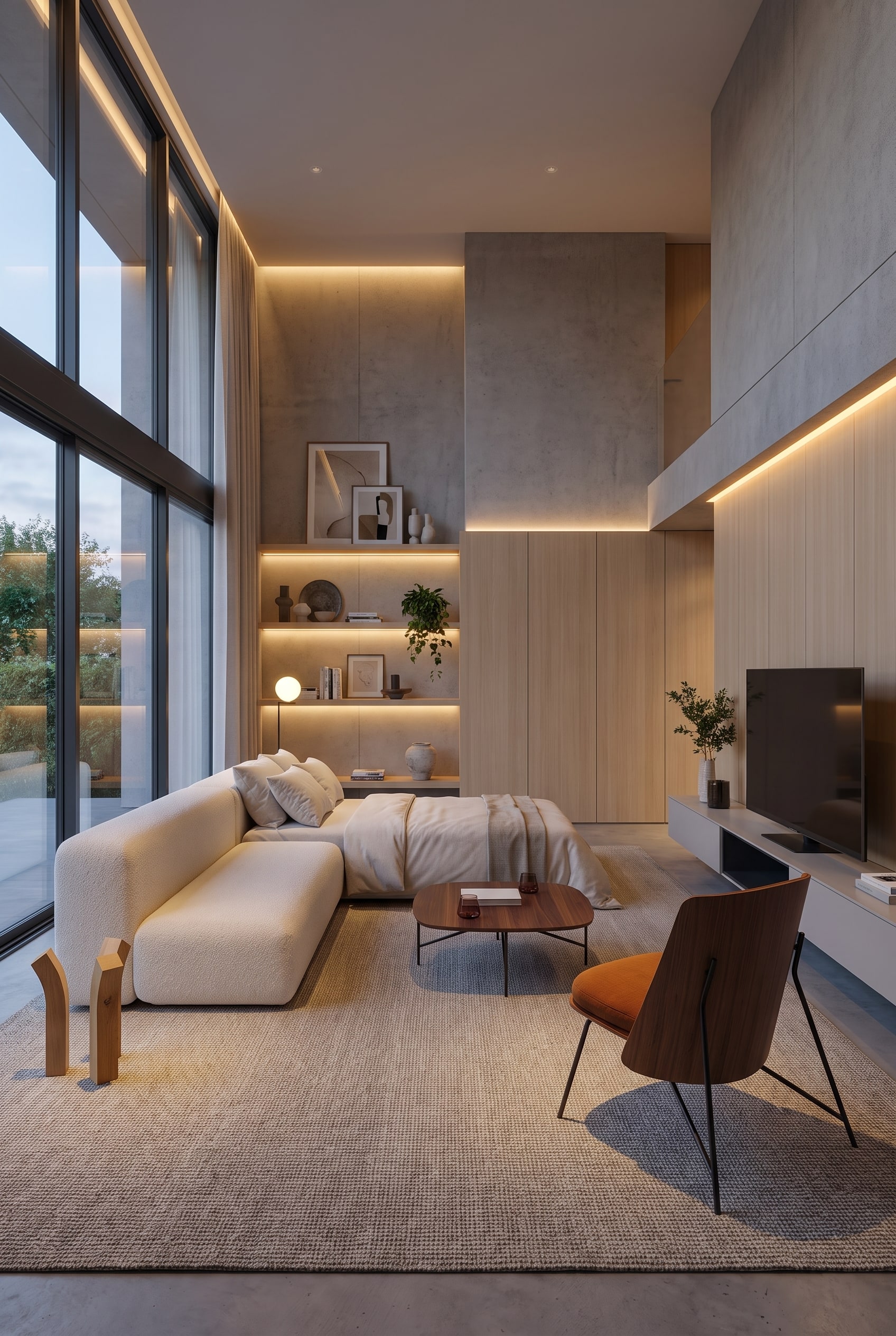 Minimalist living room with a light textile sofa bed and a lightweight coffee table