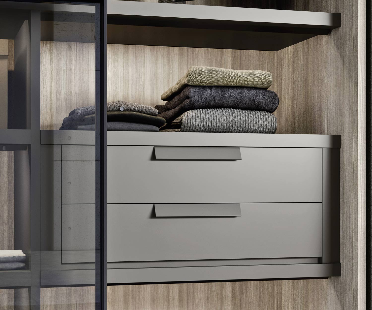 Novamobili Kleiderschrank Layer mit Schubladen bei geöffneter Schiebetür Novamobili Kleiderschrank Layer mit Schubladen bei geöffneter Schiebetür