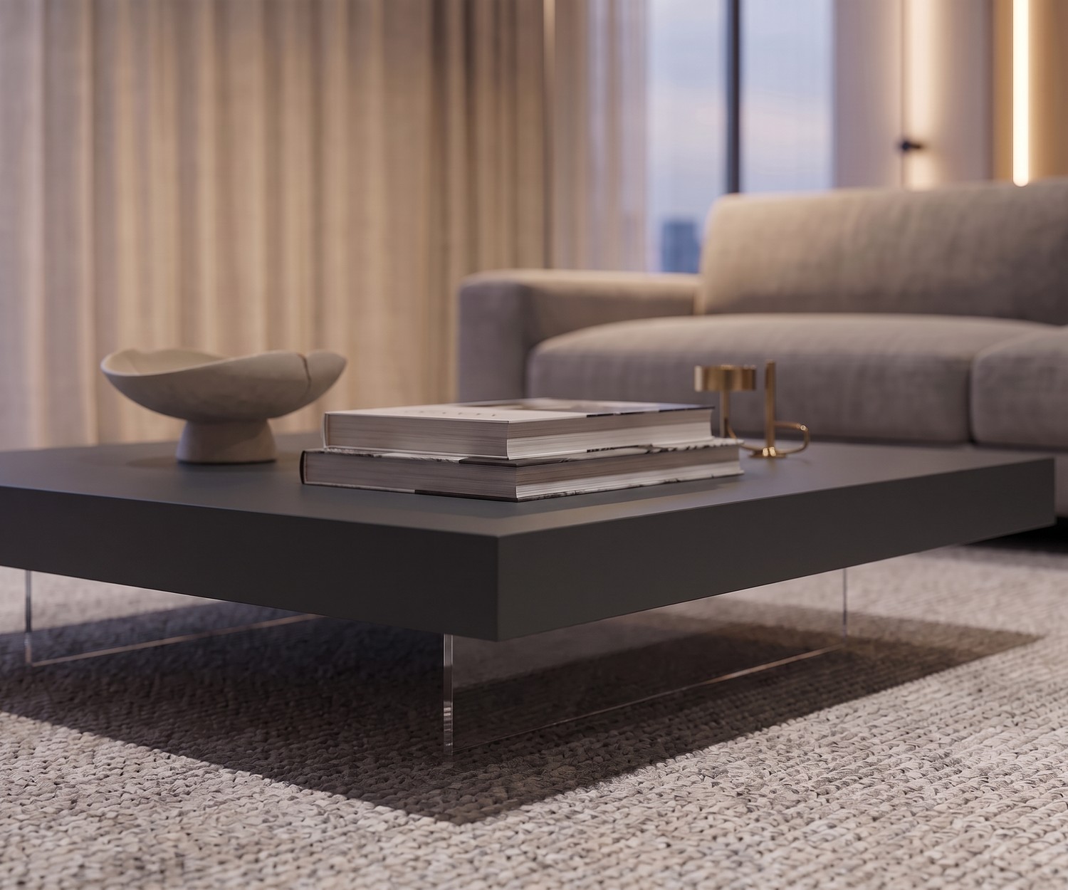 Livitalia Couchtisch Low in Anthrazit Grau Moderner Livitalia Couchtisch Low in Anthrazit Grau auf transparenten Füßen für das Wohnzimmer.