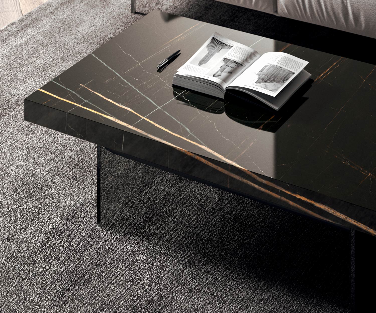 Detail table top black glossy marble glass from Ozzio Coffee table Bellagio Detail table top black glossy marble glass from Ozzio Coffee table Bellagio