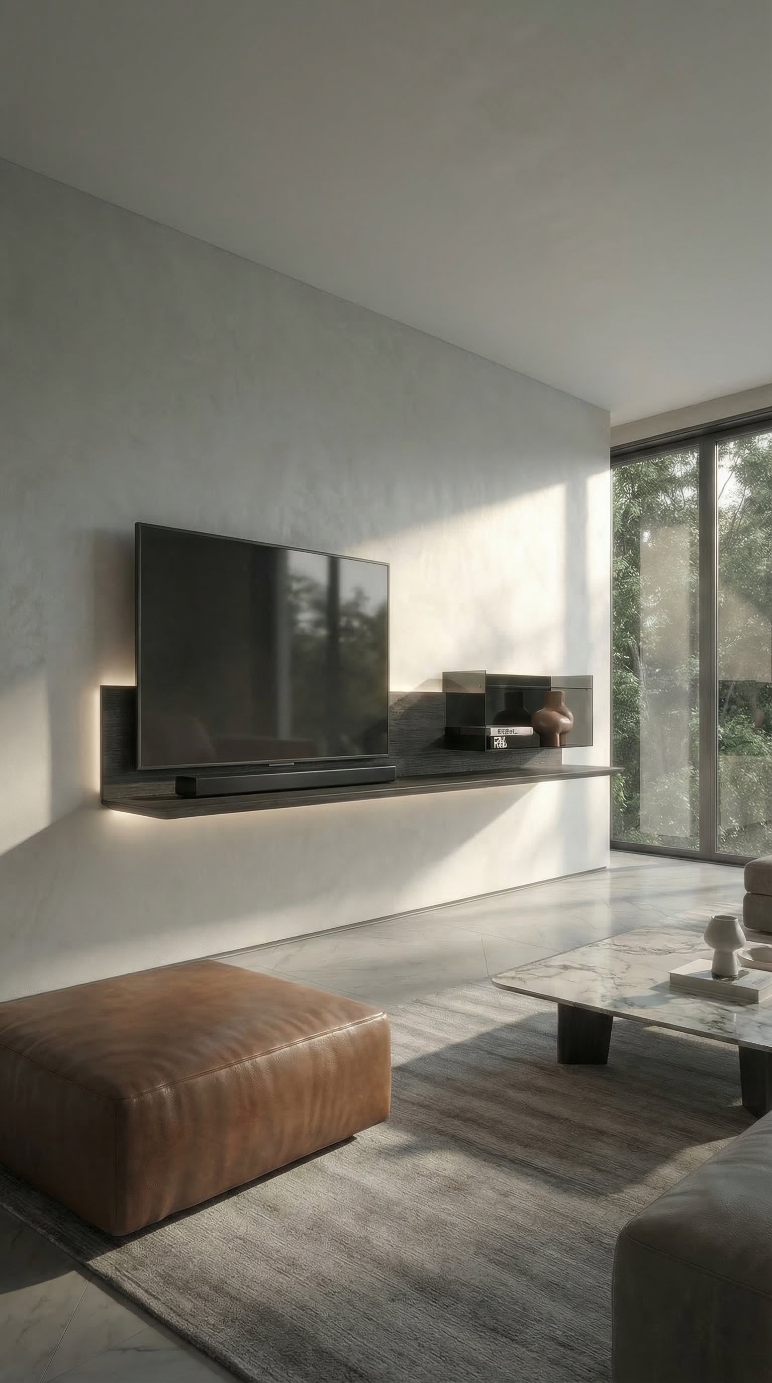 Ein schwebendes, dunkles TV-Wandboard aus Eiche Carbone in einem hellen, modernen Wohnzimmer mit gro&szlig;en Fensterfronten.