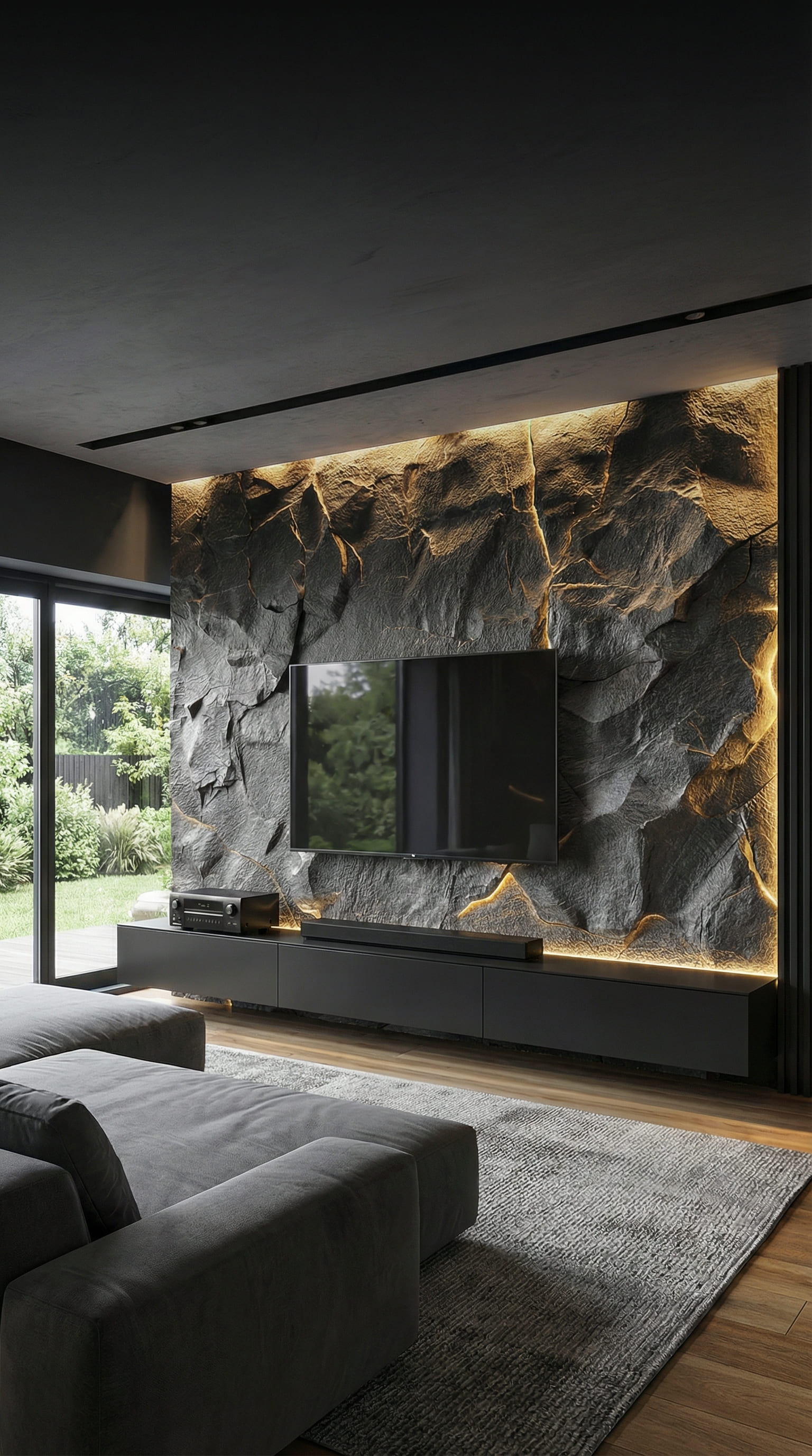 Extra breites schwarzes Lowboard 300cm wandh&auml;ngend unter gro&szlig;em Fernseher