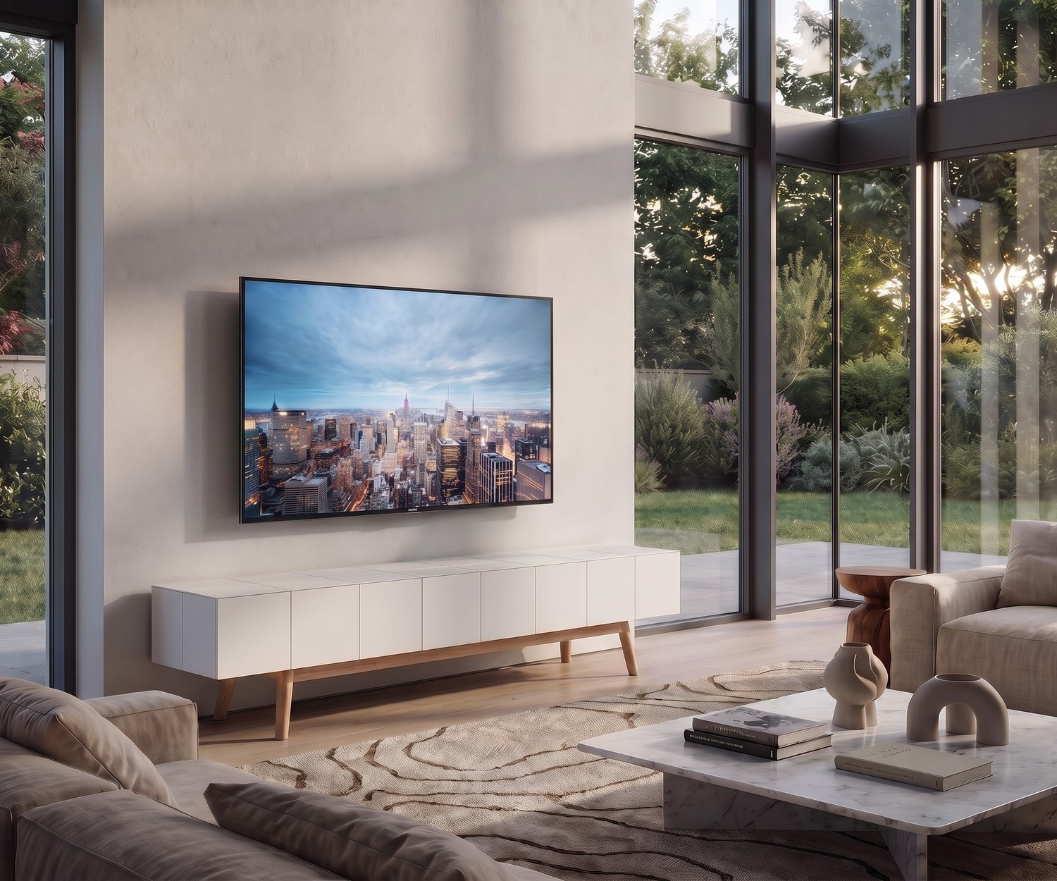 al2 Design TV Lowboard MOS-I-KO 005 B TV Lowboard MOS-I-KO 005 B im modernen Wohnzimmer, weiß matt lackiert mit eleganten Standfüßen aus Holz.
