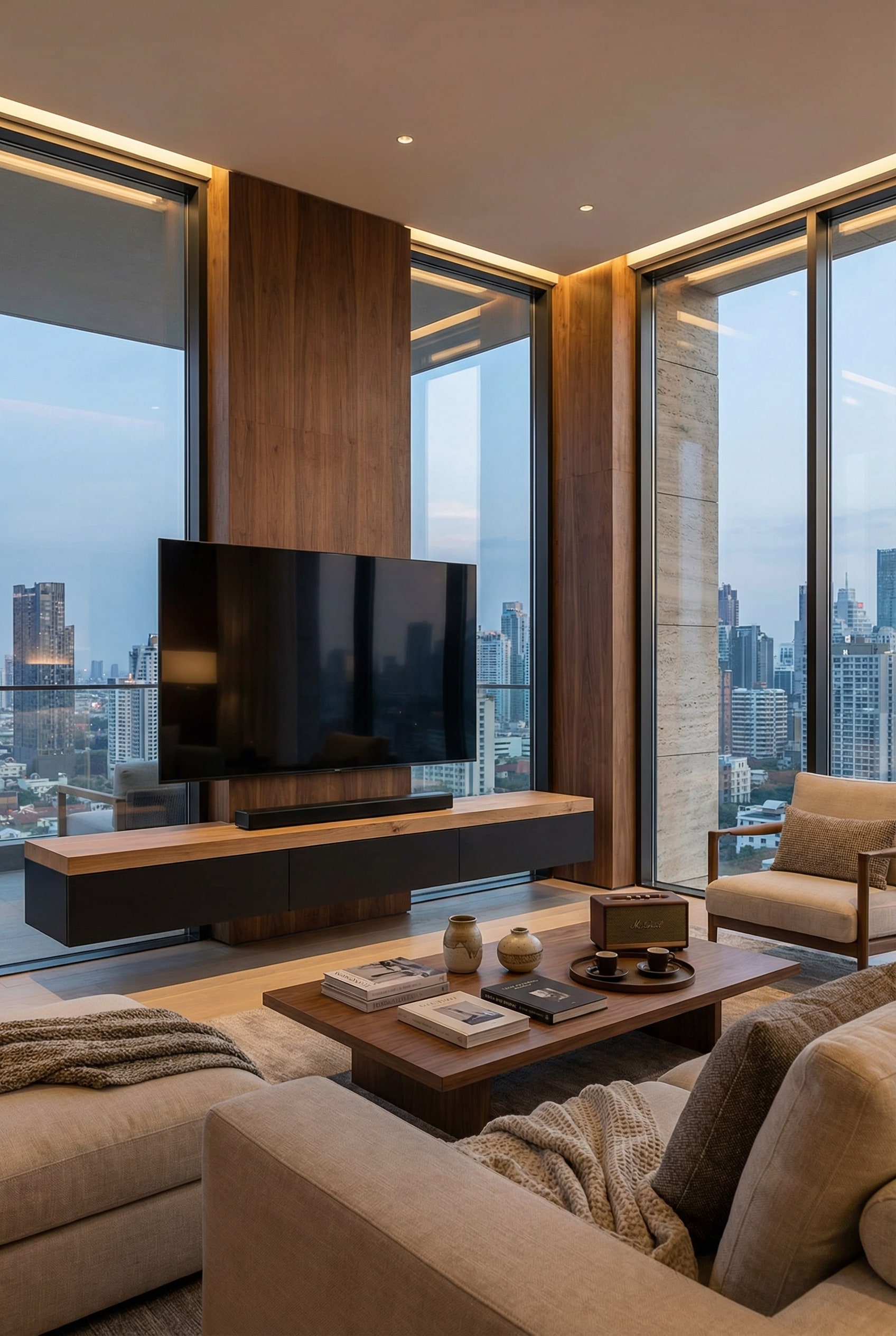 Meuble TV bas extrêmement large et massif avec plateau en bois épais sous un grand téléviseur Meuble TV bas extrêmement large et massif avec plateau en bois épais sous un grand téléviseur