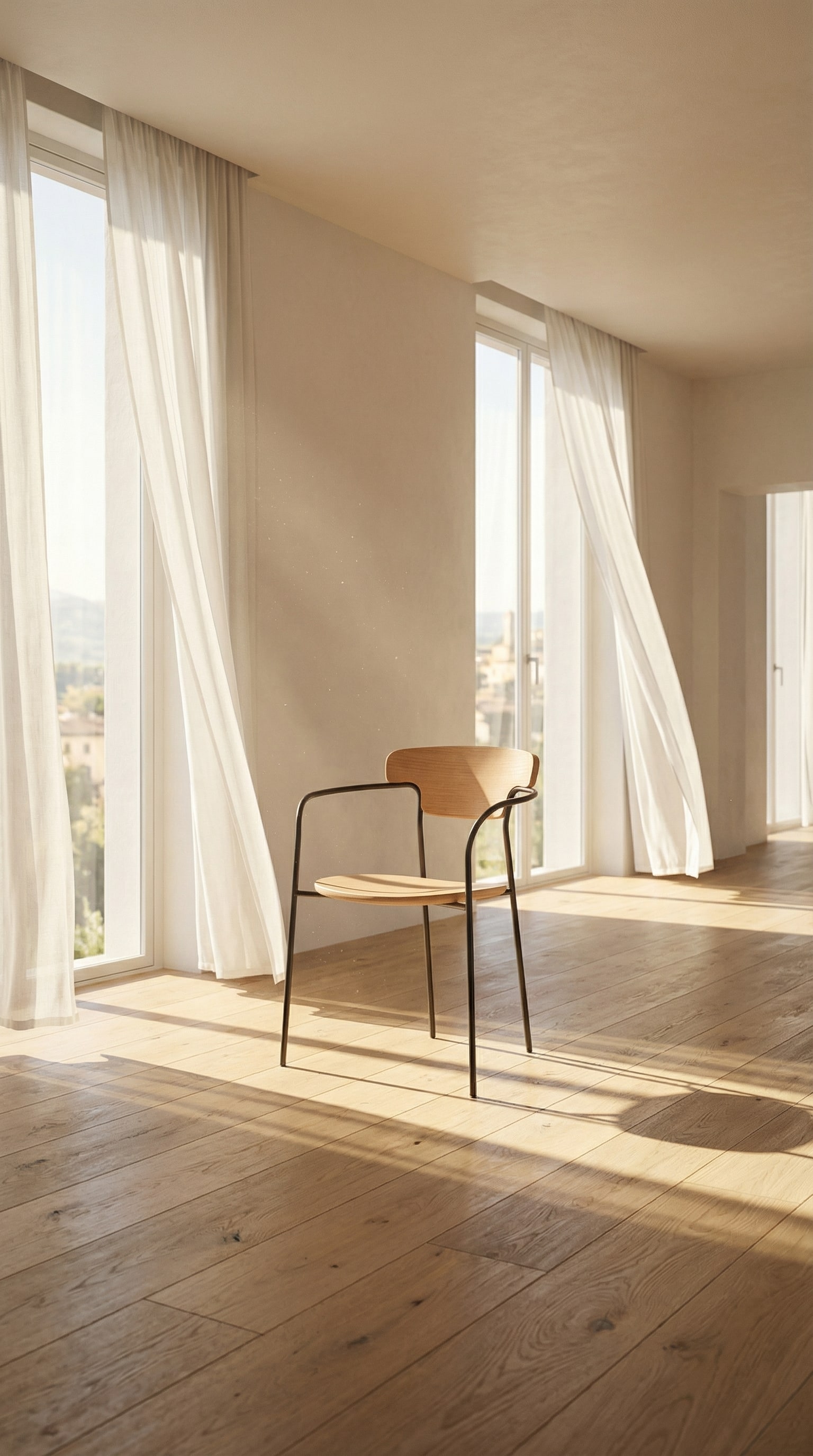 Chaise en bois moderne avec une structure métallique noire filigrane et une assise en bois clair au soleil Chaise en bois moderne avec une structure métallique noire filigrane et une assise en bois clair au soleil