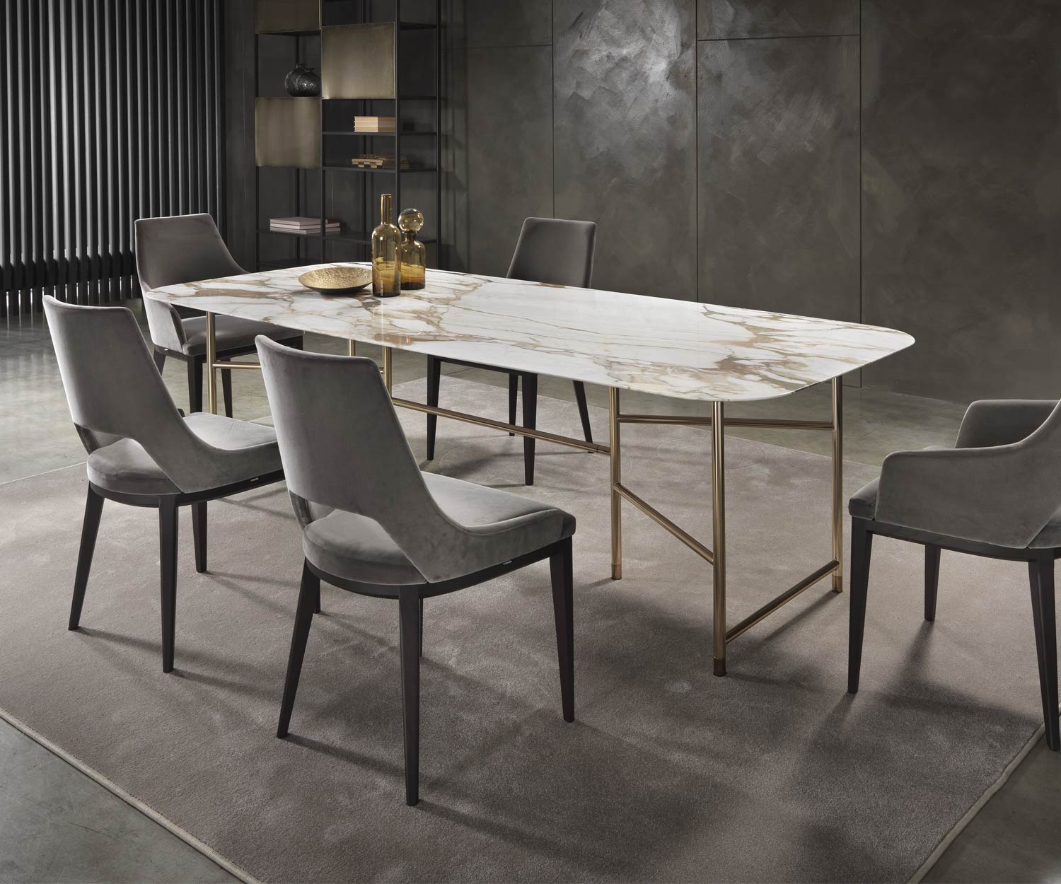 Edler Marelli Kyoto Design Esstisch Calacatta Marmor Tischplatte Panorama Ansicht Edler Marelli Kyoto Design Esstisch Calacatta Marmor Tischplatte Panorama Ansicht