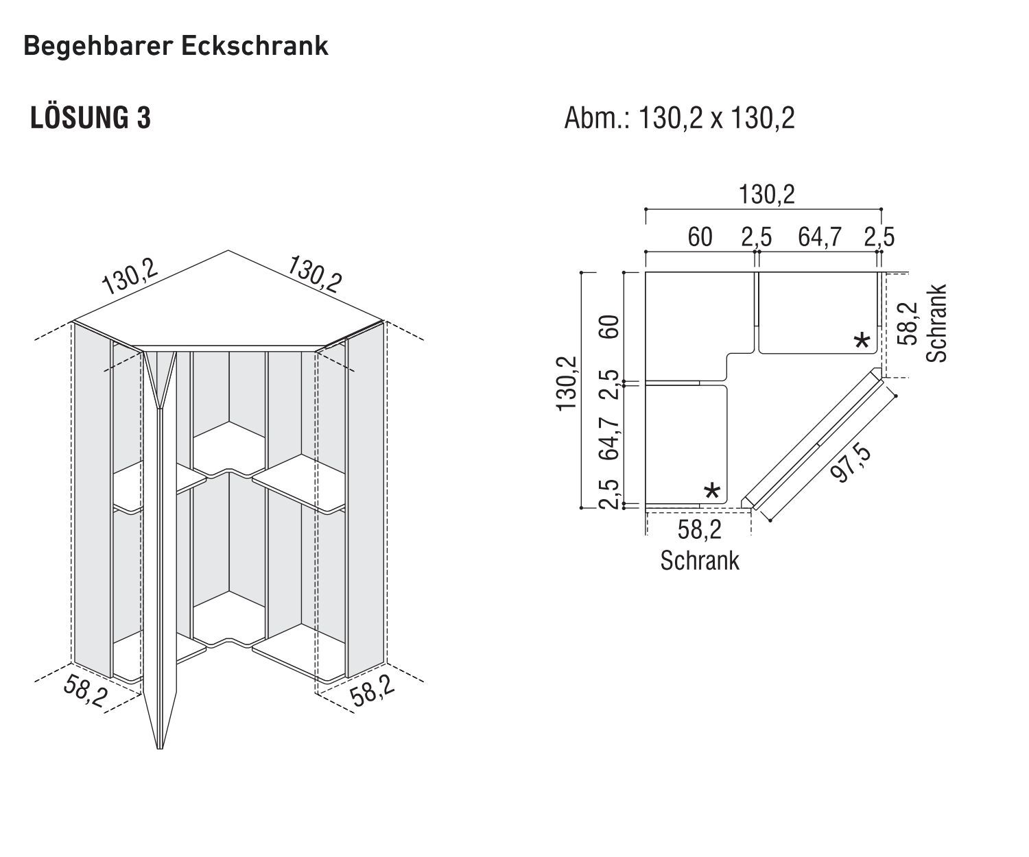 Begehbarer Design Eckschrank 130x130 cm Alfa YNCA