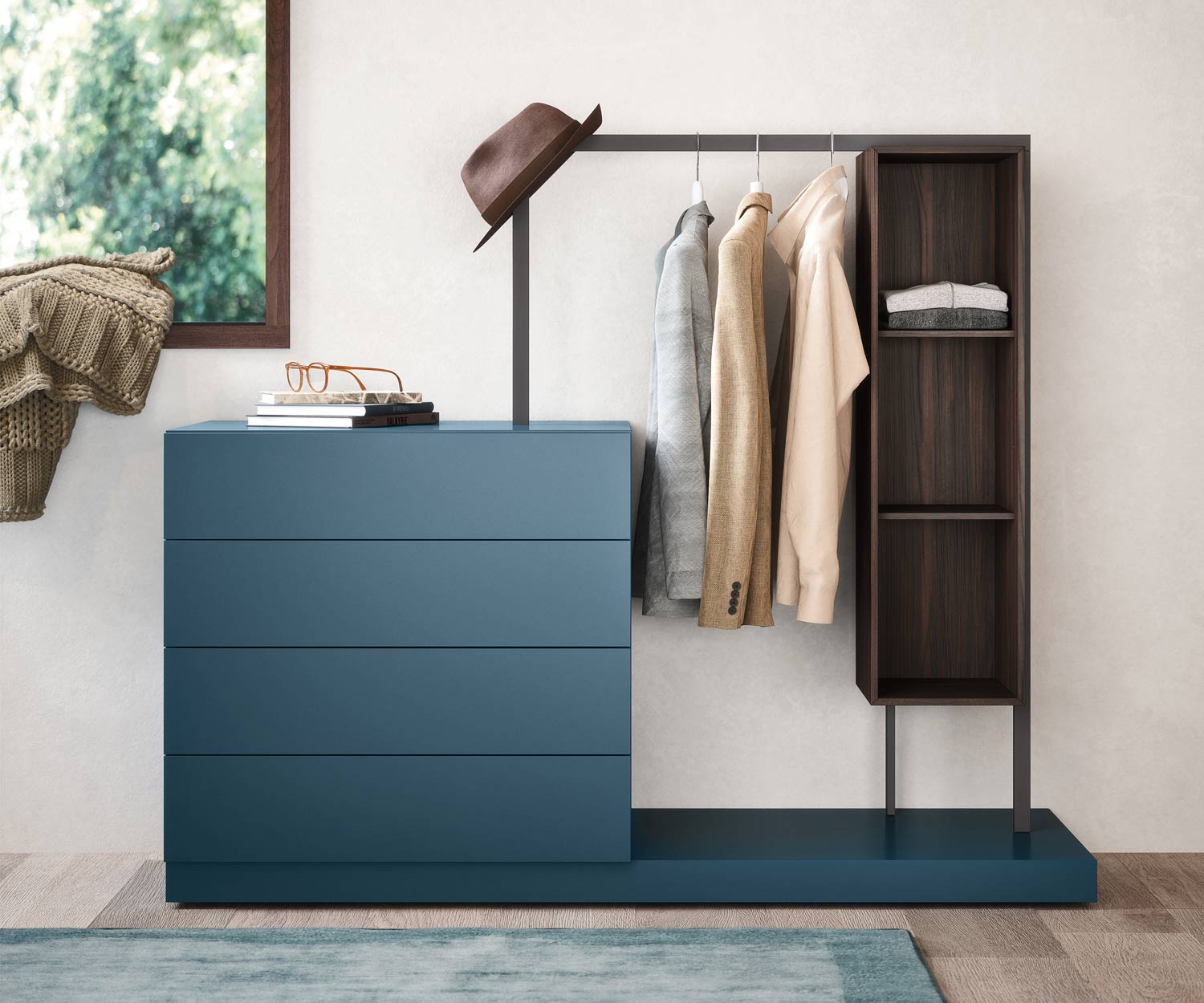 Hochwertige Kommode Easy 4 von Novamobili mit Garderobe und Regalelement Hochwertige Kommode Easy 4 von Novamobili mit Garderobe und Regalelement