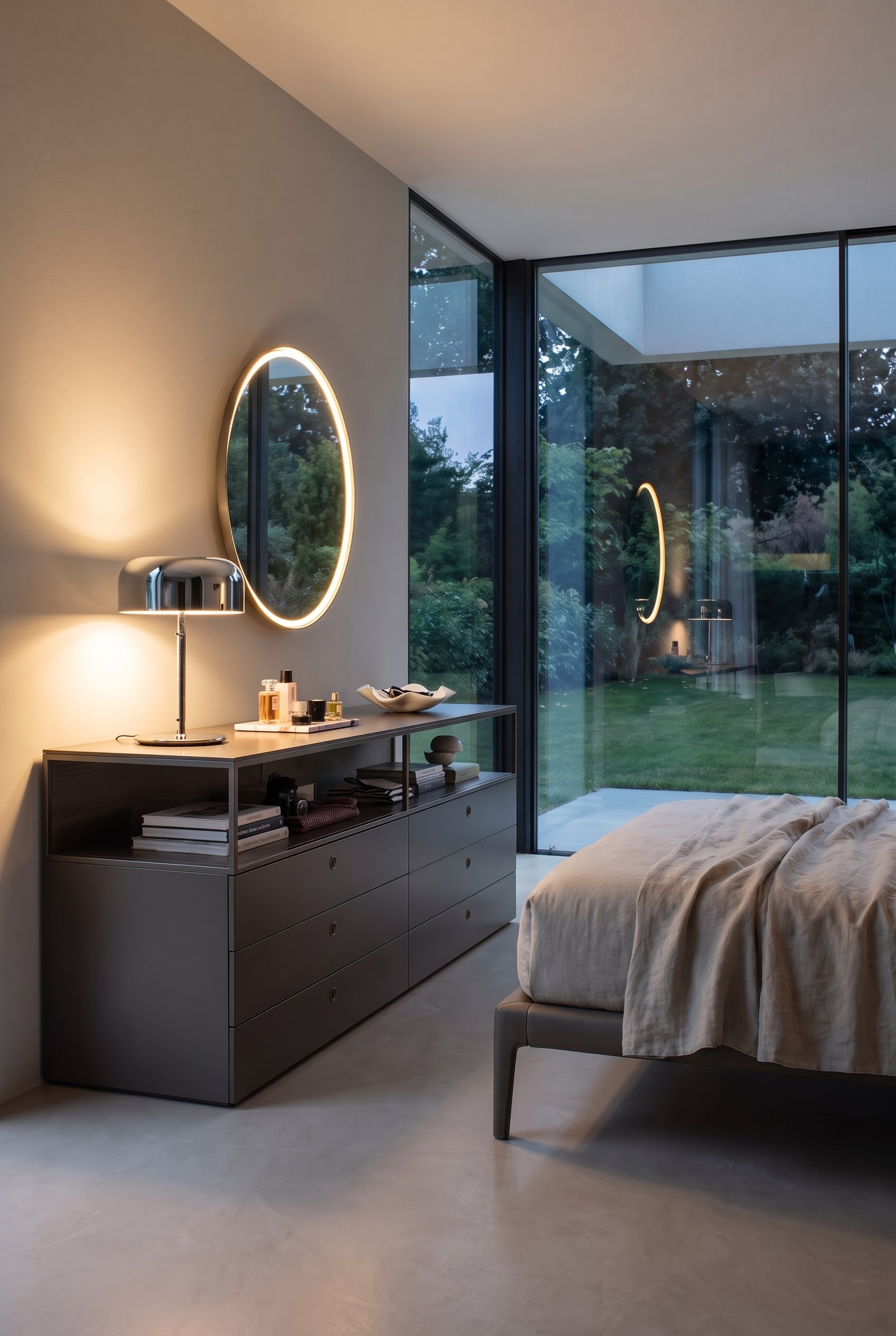Camera da letto moderna con finestre a tutta altezza, pavimento in cemento puristico e un com&ograve; grigio. Sopra &egrave; appeso uno specchio rotondo con illuminazione LED indiretta.