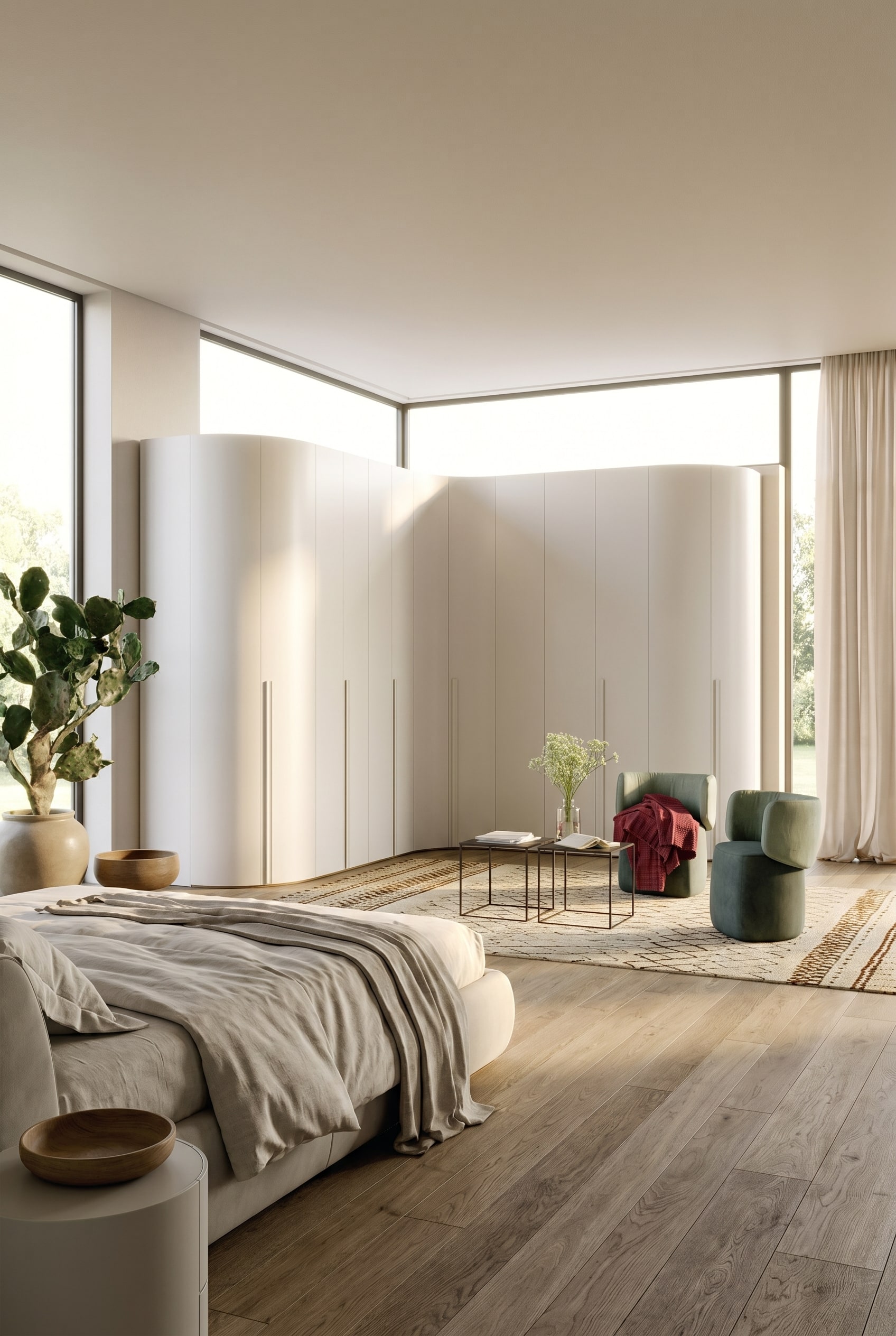 Hoekkledingkast met afgeronde randen in een organische moderne slaapkamer Hoekkledingkast met afgeronde randen in een organische moderne slaapkamer