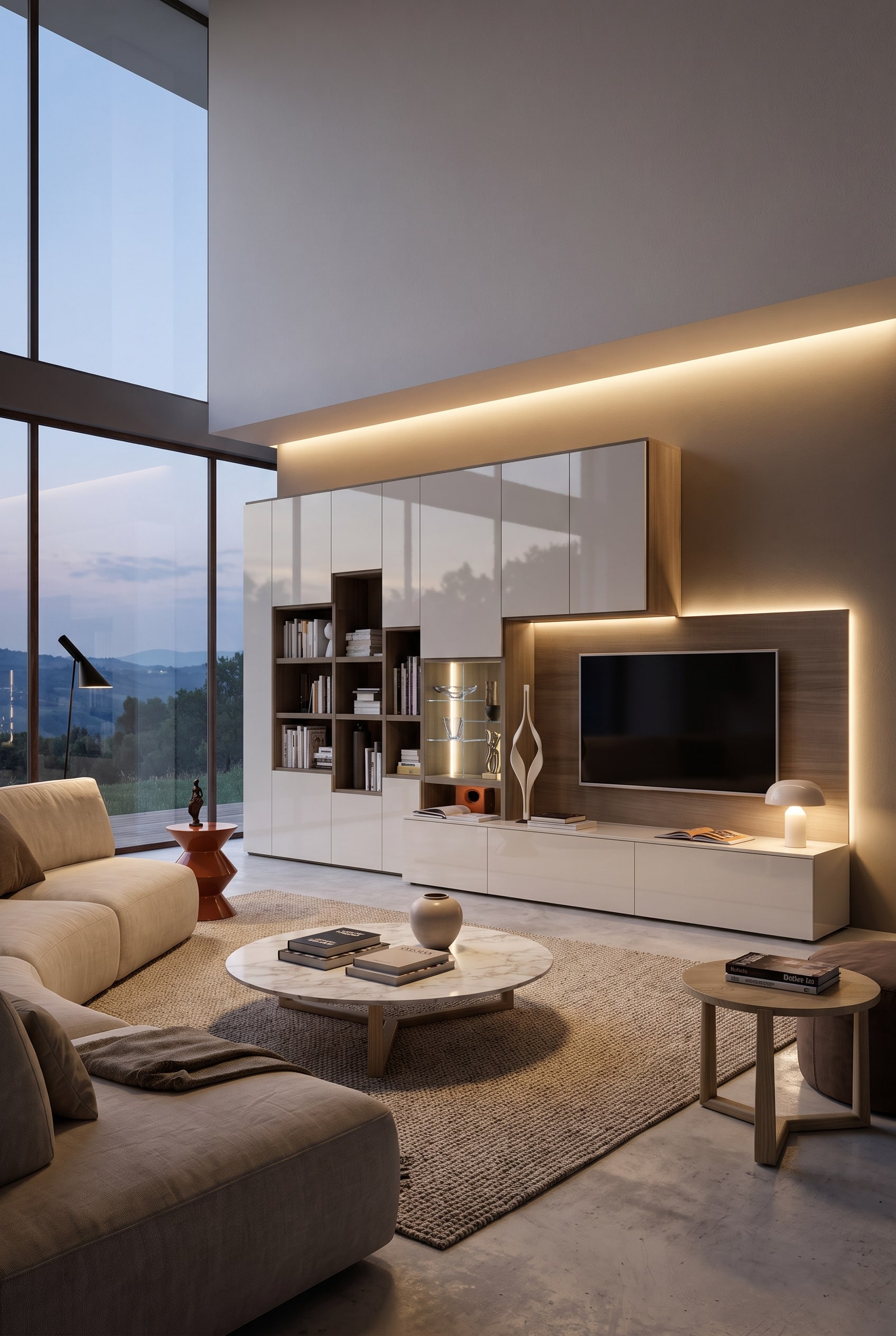 Modern asymmetrical wall unit with integrated television and open bookshelves in a spacious, high living room