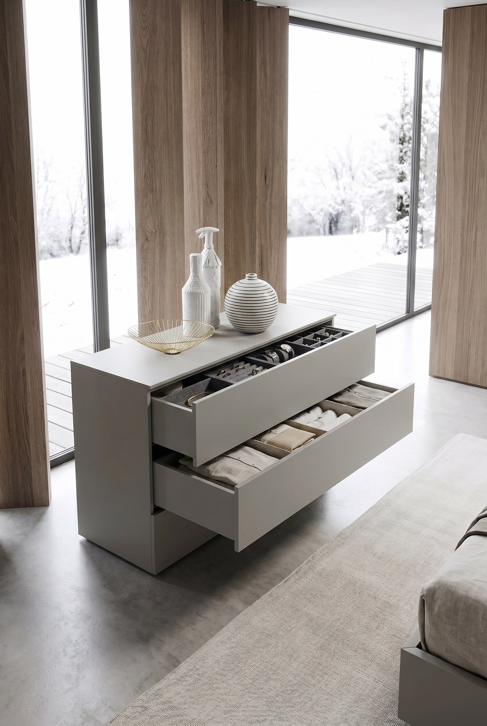 Minimalistisches Schlafzimmer mit griffloser, matter Kommode in Wei&szlig;