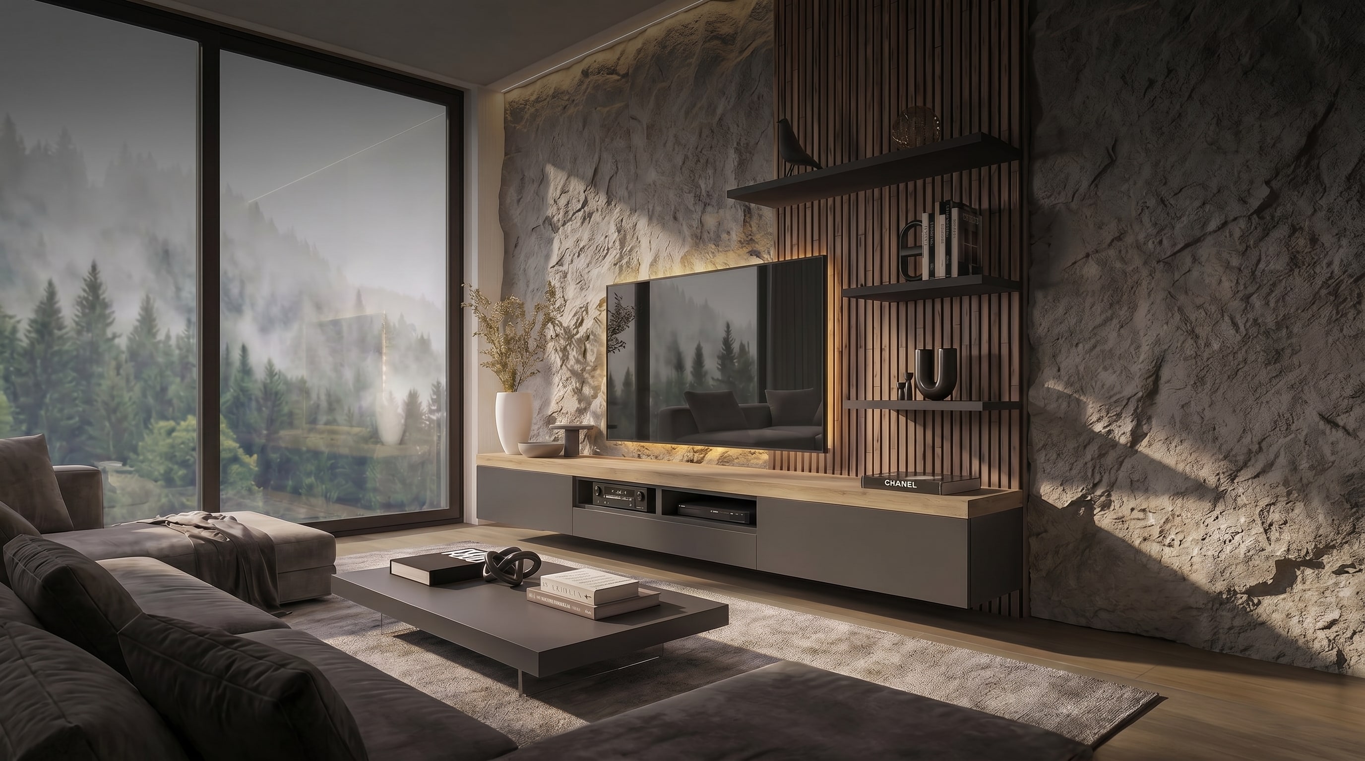 Raumakustik verbessern Wohnzimmer: 6 Design-Tipps, um den Hall mit einer Steinwand zu reduzieren