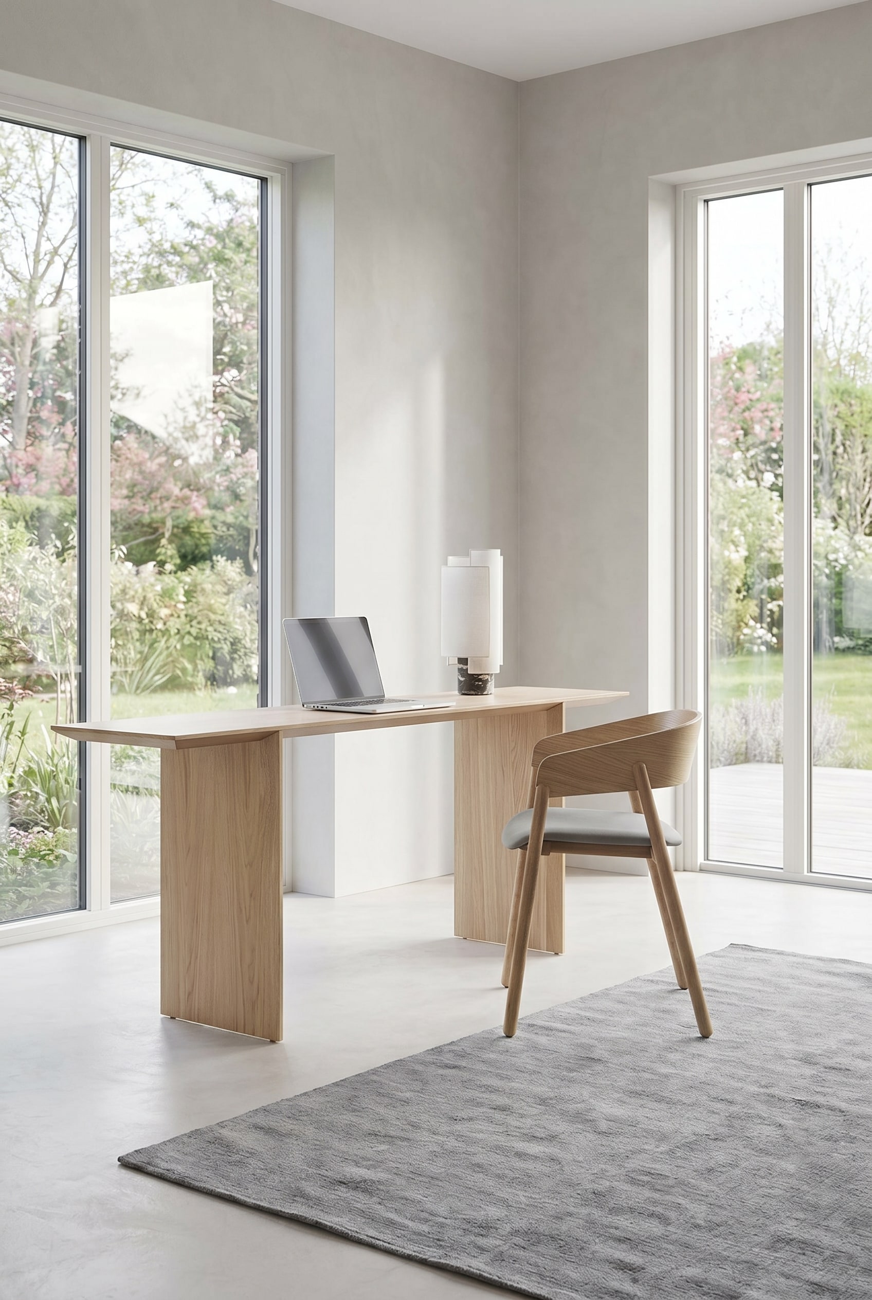 Luminoso studio con scrivania in rovere chiaro e sedia in legno filigranata con cuscino di seduta grigio