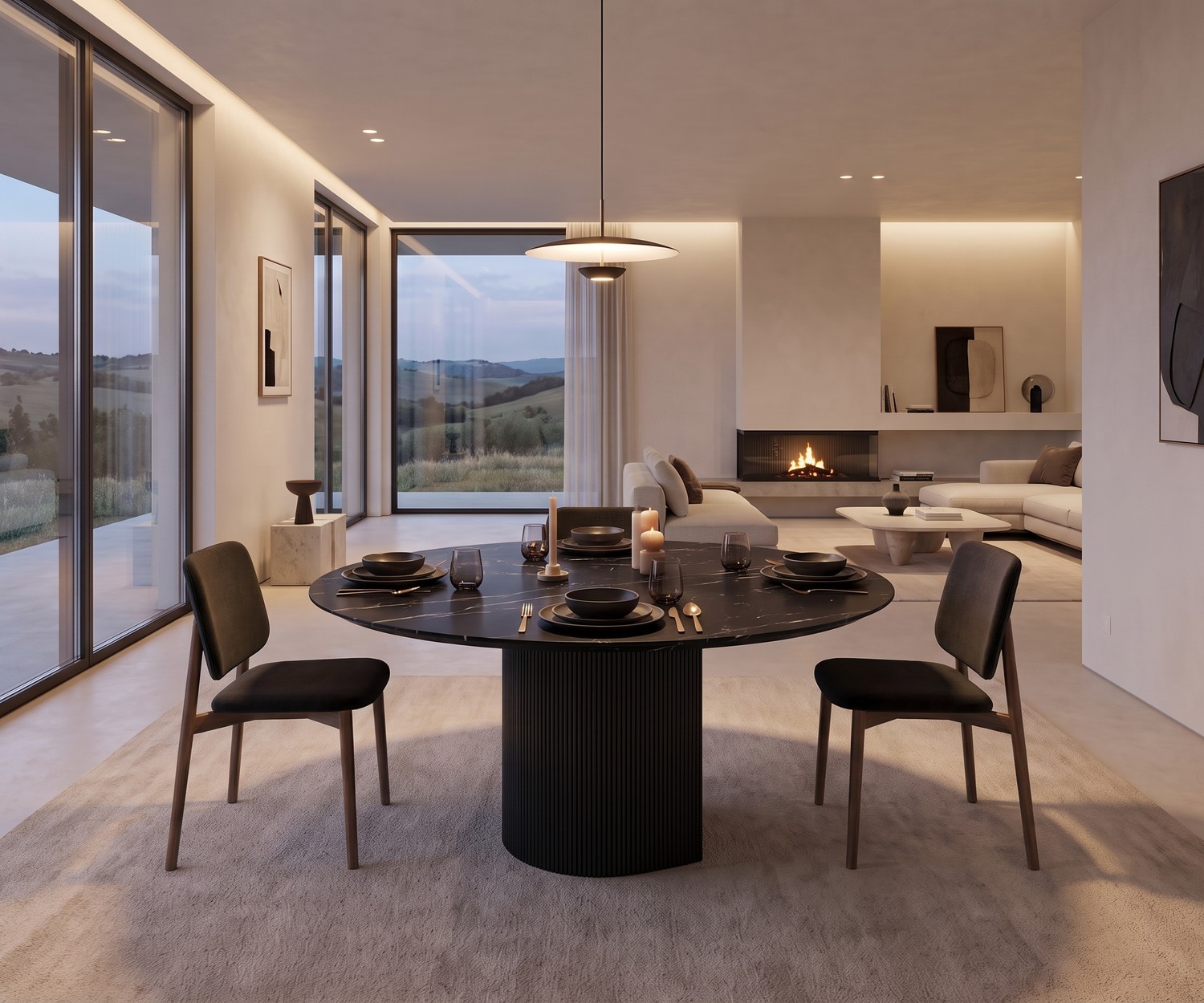 al2 Dakry BR 001 Esstisch rund für stilvolle Dinner im modernen Esszimmer, mit Tischplatte in schwarzer Marmoroptik.