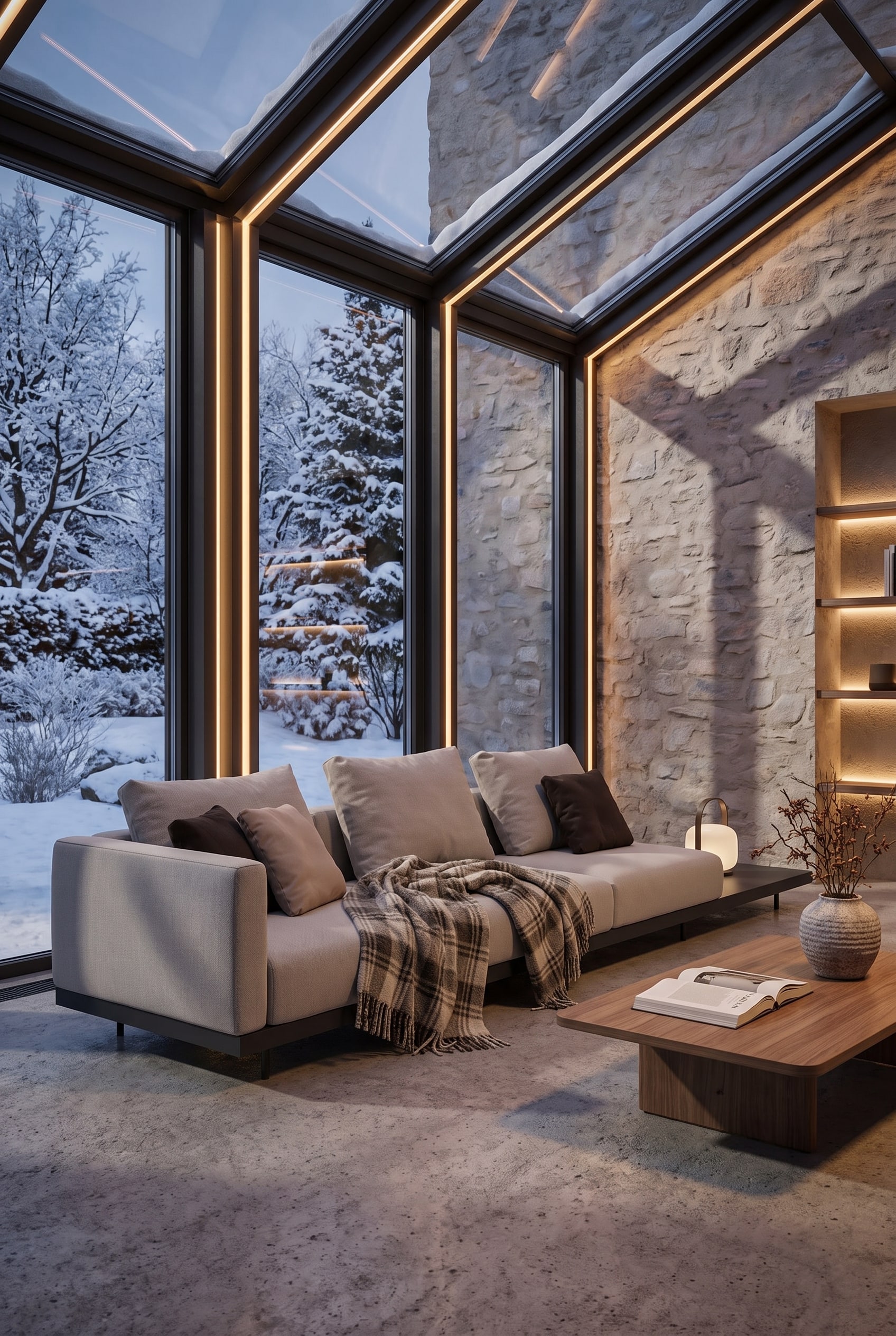 Moderne serre met kamerhoge ramen, een uitgestrekte modulaire buitenbank in lichtgrijs en donker frame, gedecoreerd met elegante kussens en een wollen plaid.