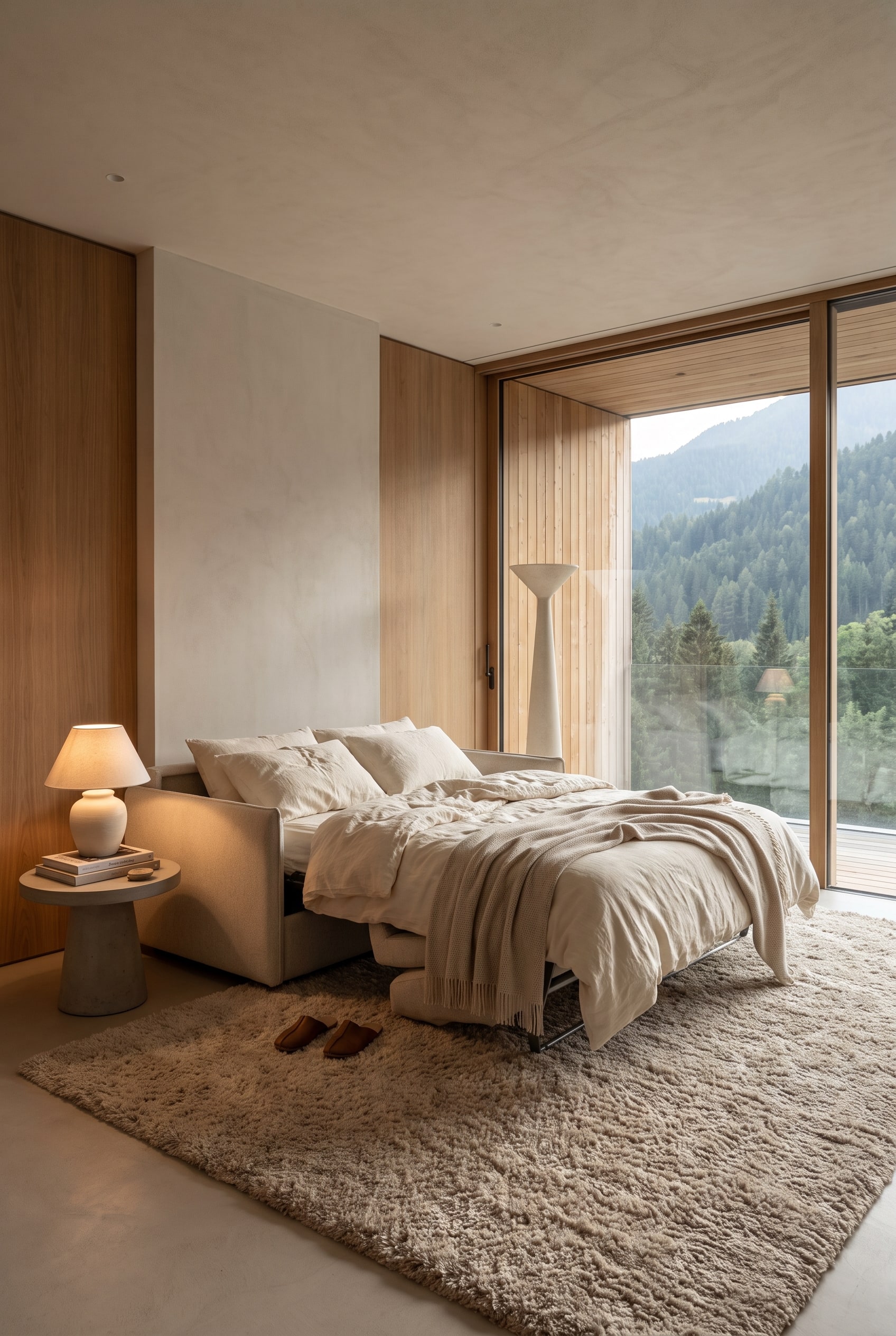 Ein luxuriöses, ausgeklapptes Pol74 Atelier Chic Schlafsofa in einer hellen Gästesuite, platziert auf einem weichen, hochflorigen Teppich mit viel Bewegungsraum an den Seiten.
