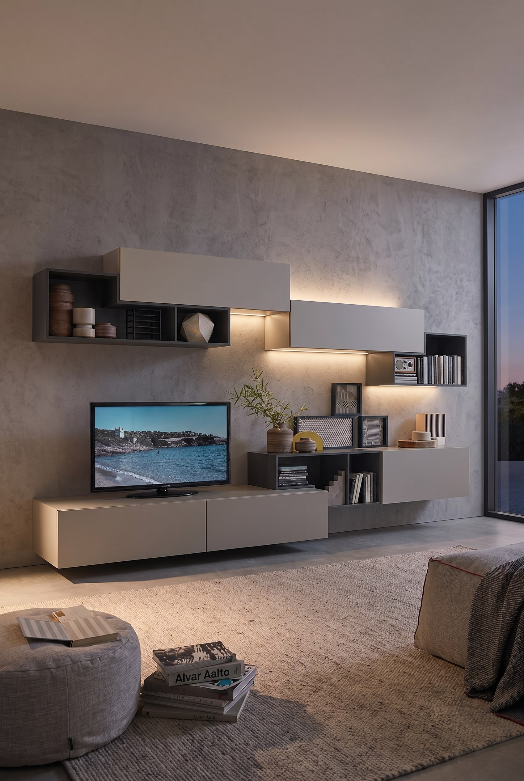 A 280 cm wide wall unit with closed, silk-matte flaps on the left side and an open, delicate metal shelf in the right third.